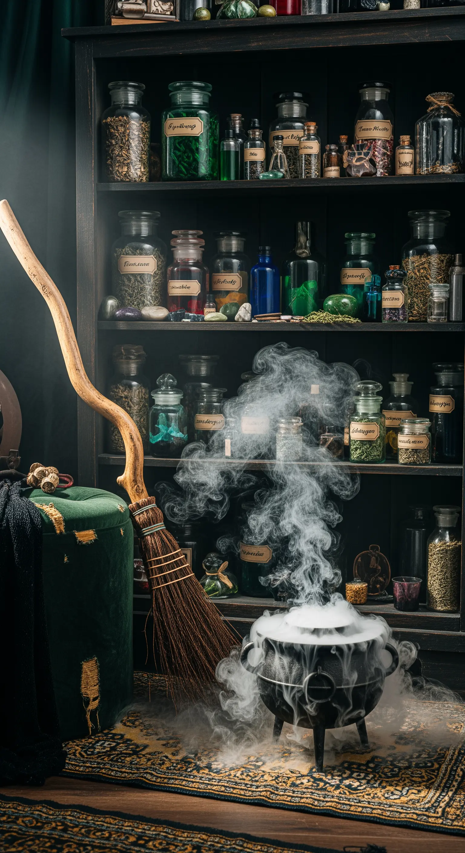 Regal im Hexenlabor-Stil mit Zaubertränken, Besen und rauchendem Kessel