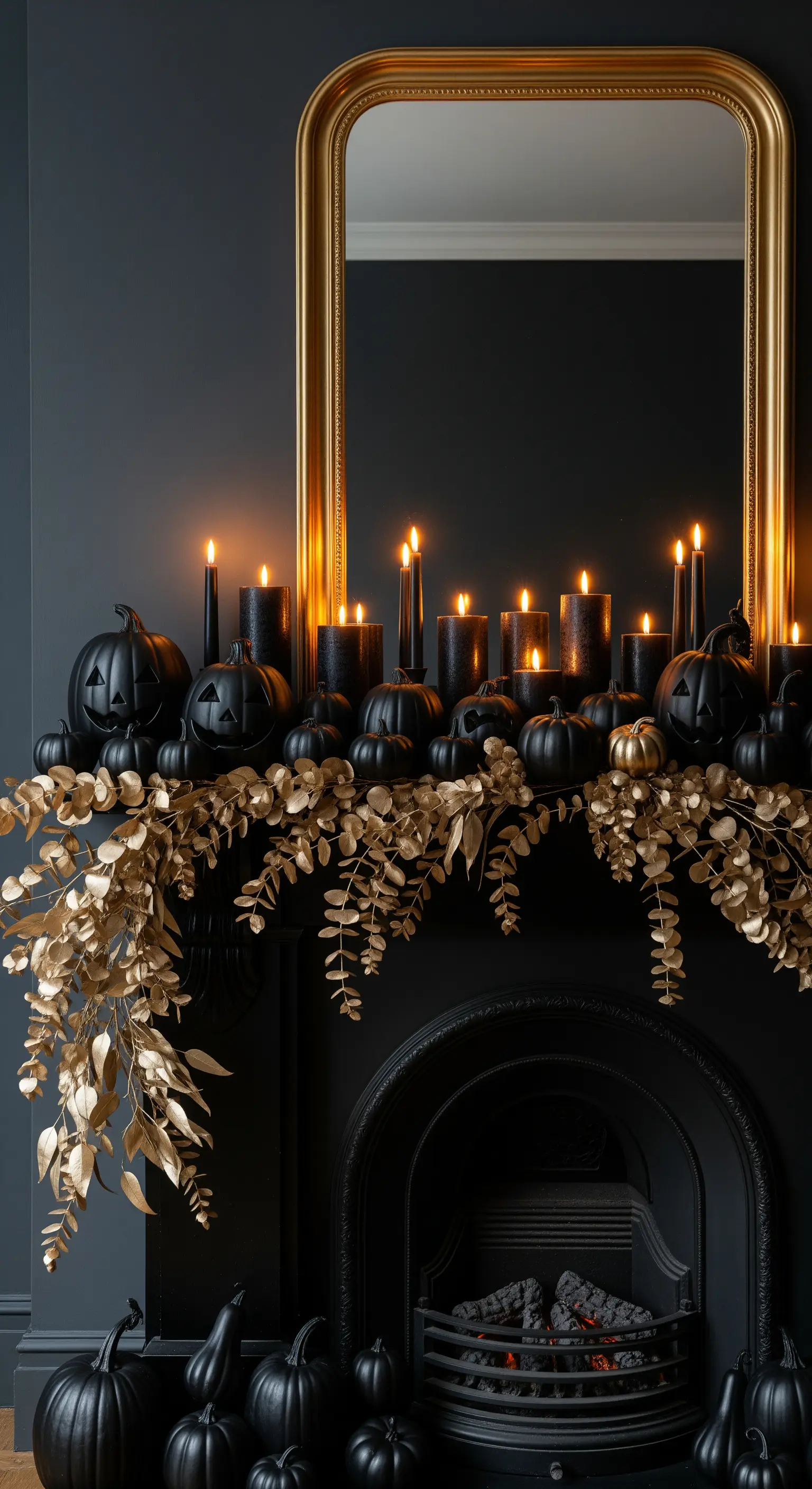 Schwarzer Kamin mit goldenen Kürbissen, schwarzen Kerzen und Goldspiegel