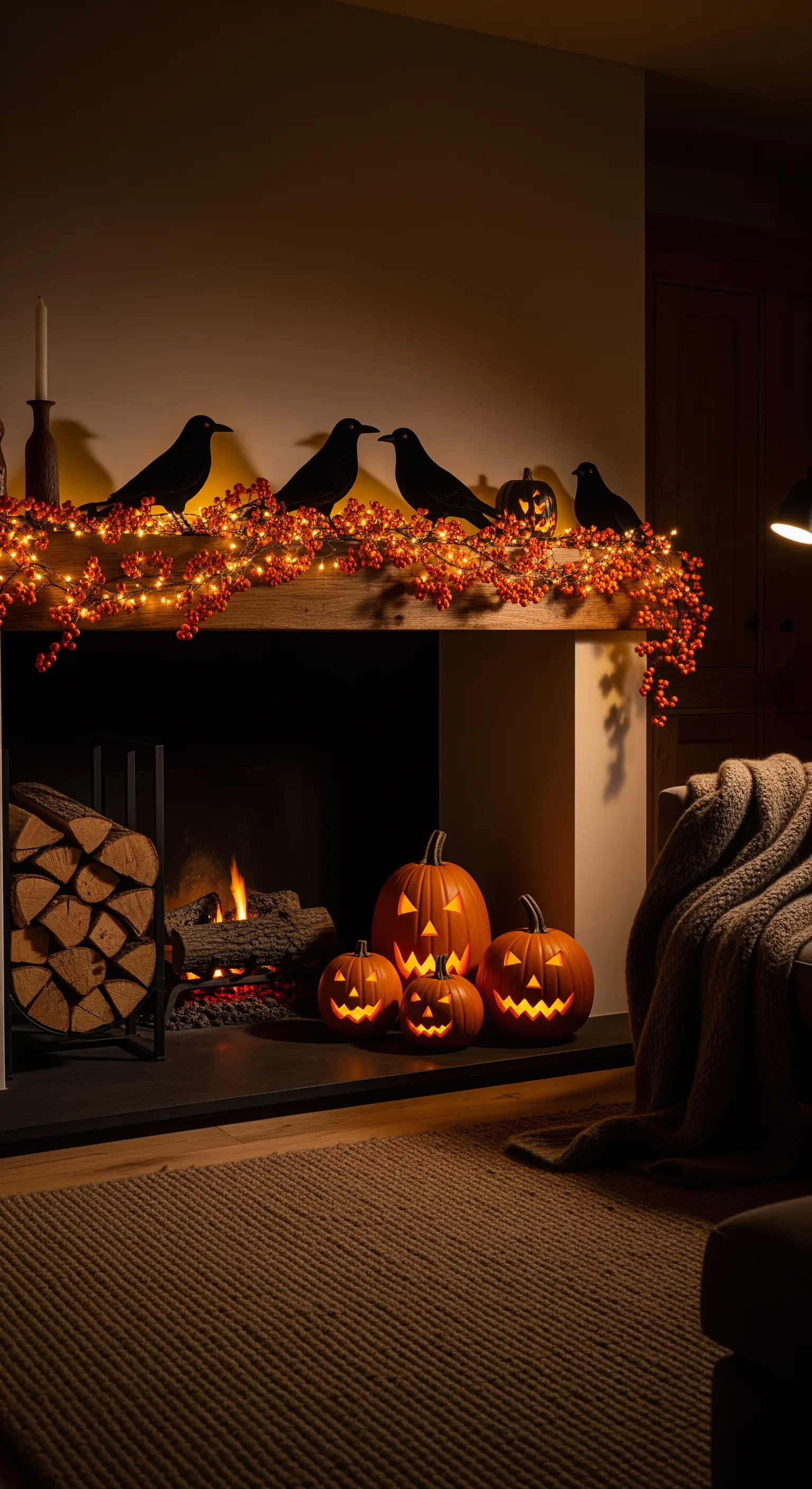 Halloween Kamin-Deko mit Lichterkette, Krähen, Beeren und geschnitzten Kürbissen