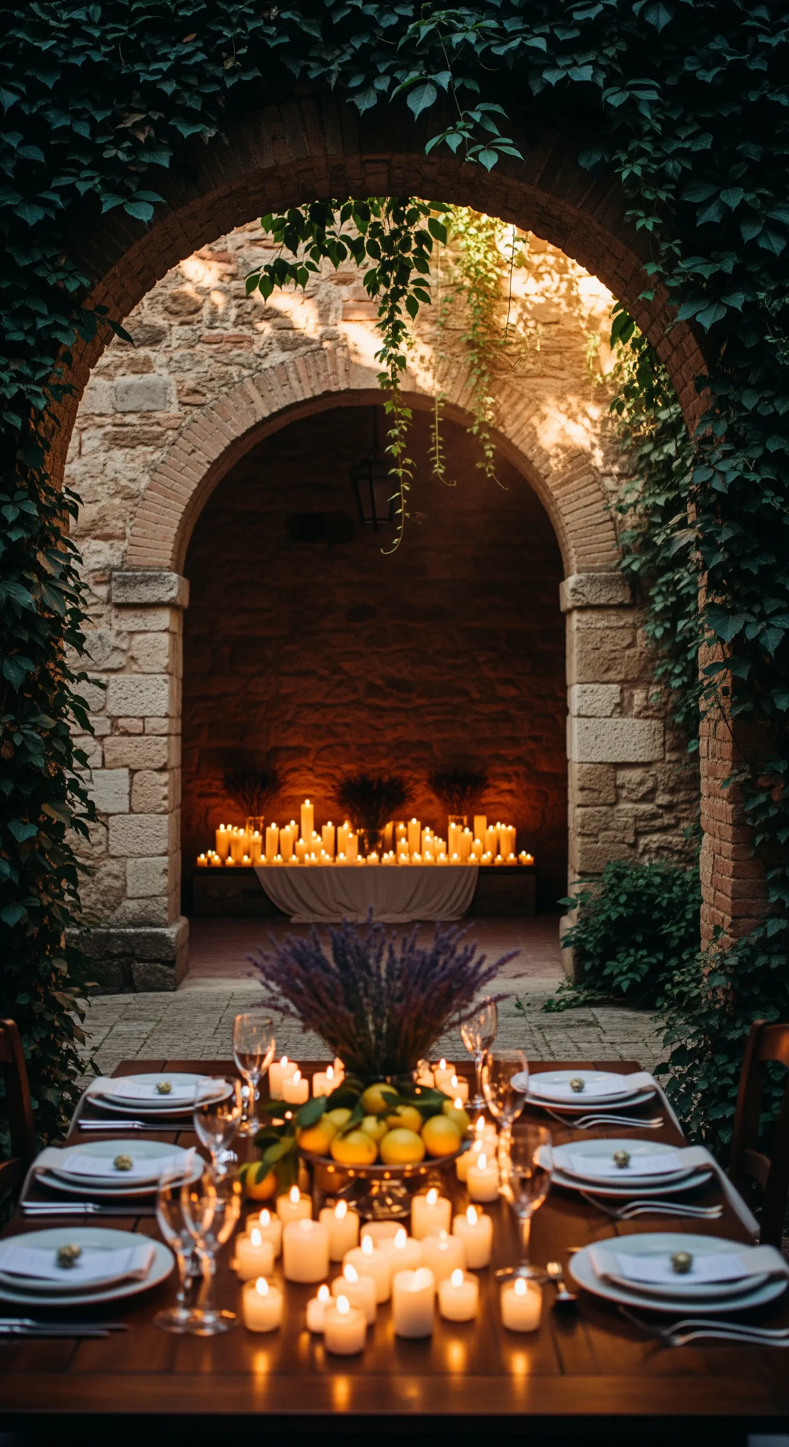 Tischdeko vor einem Bogengang mit Kerzenmeer, Lavendel und Zitronen
