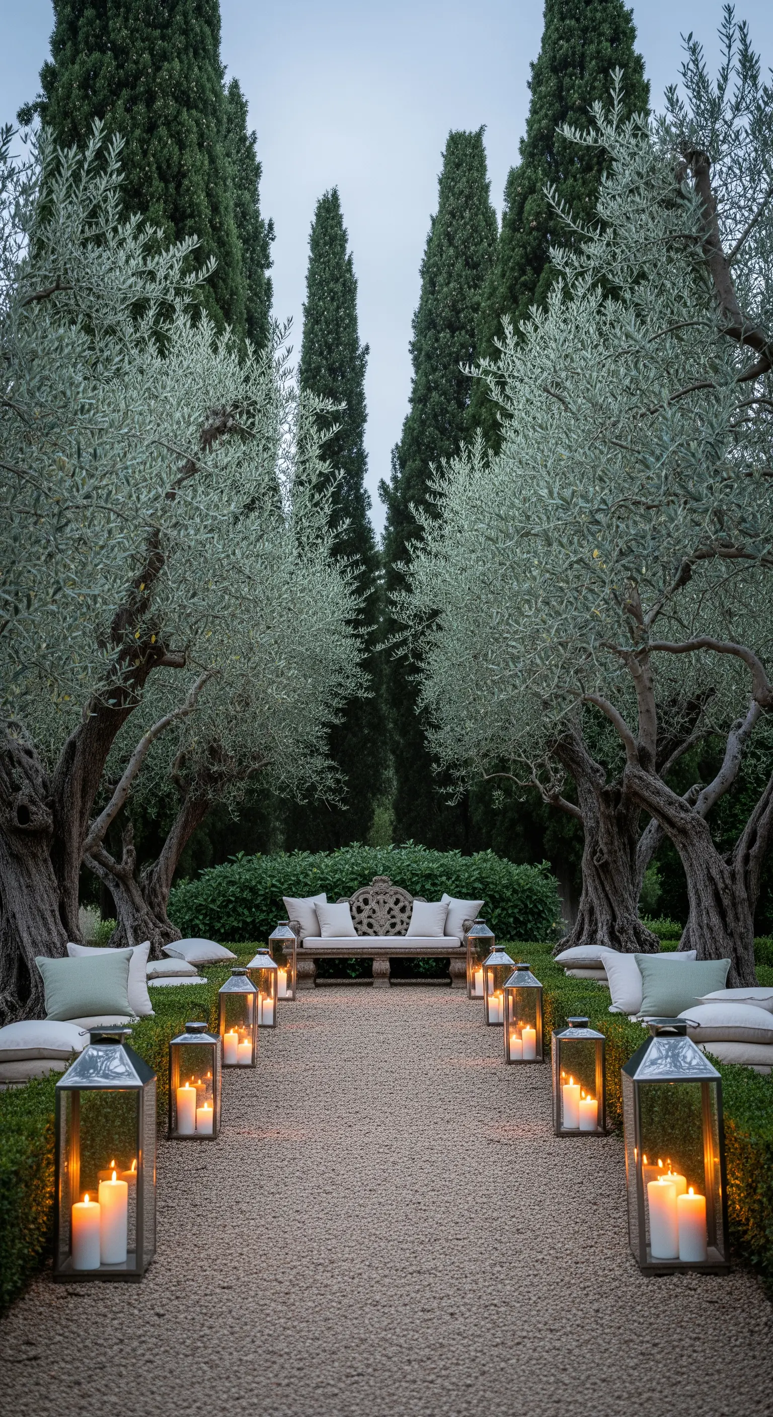 Stimmungsvoller Weg durch Olivenbäume mit leuchtenden Laternen