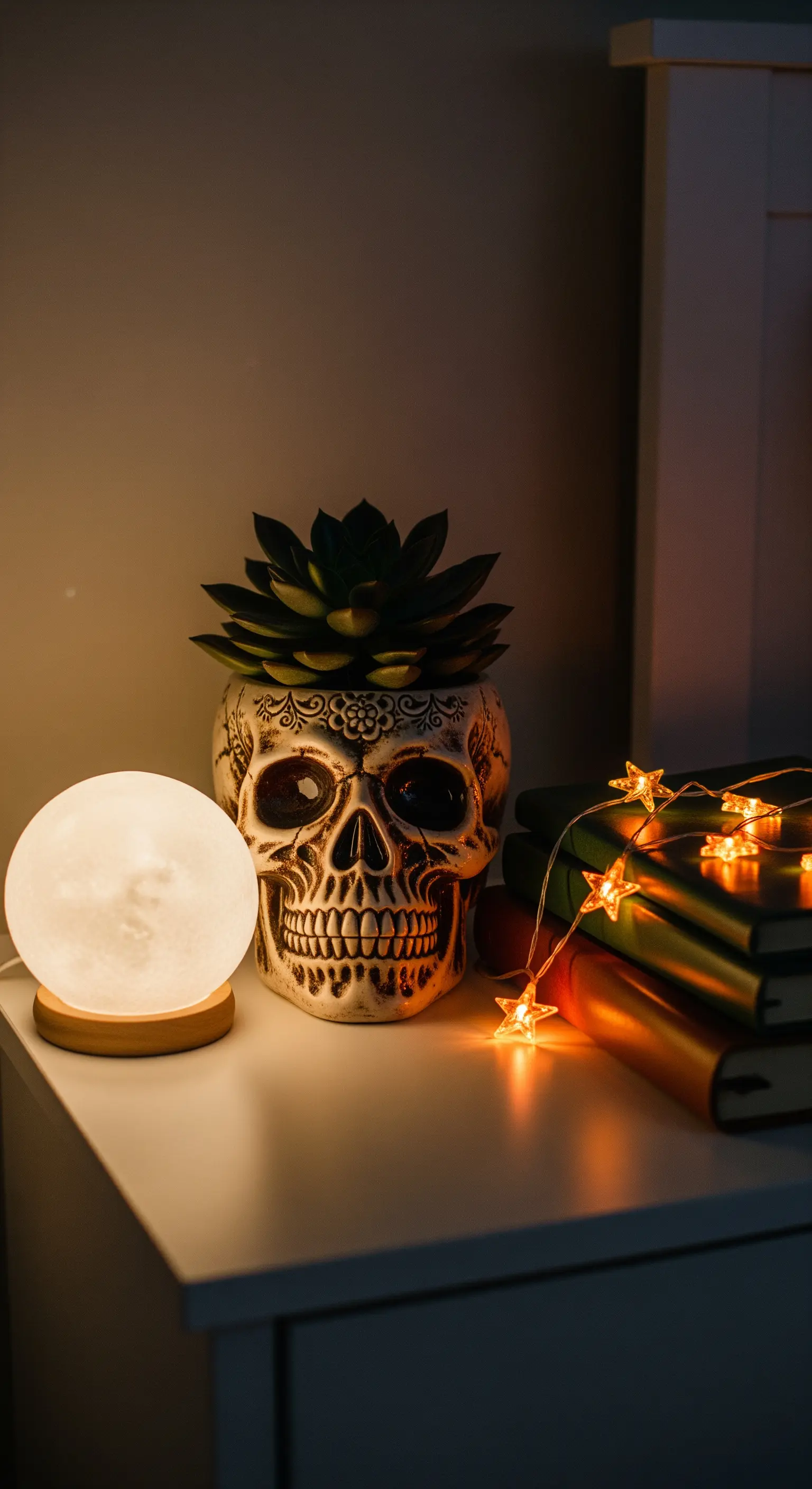 Nachttischdeko mit Totenkopf-Pflanztopf, Mondlampe und Sternenlichterkette.