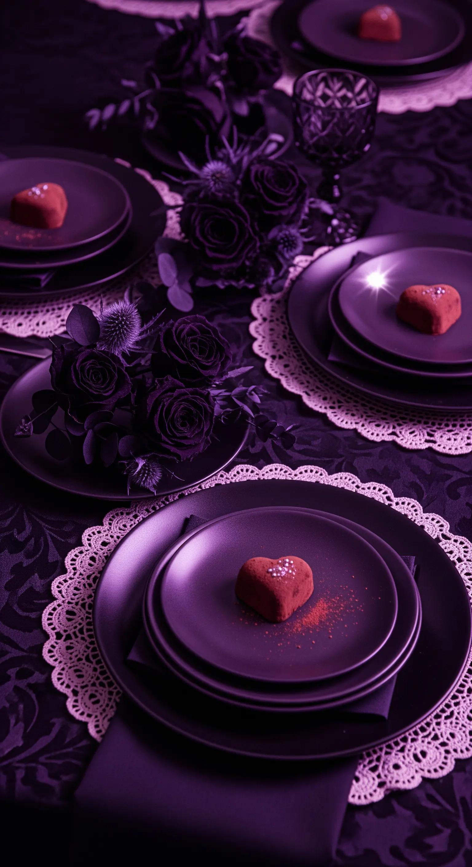 Mystische Halloween Tischdeko in Purpur mit schwarzen Rosen und herzförmigen Süßigkeiten