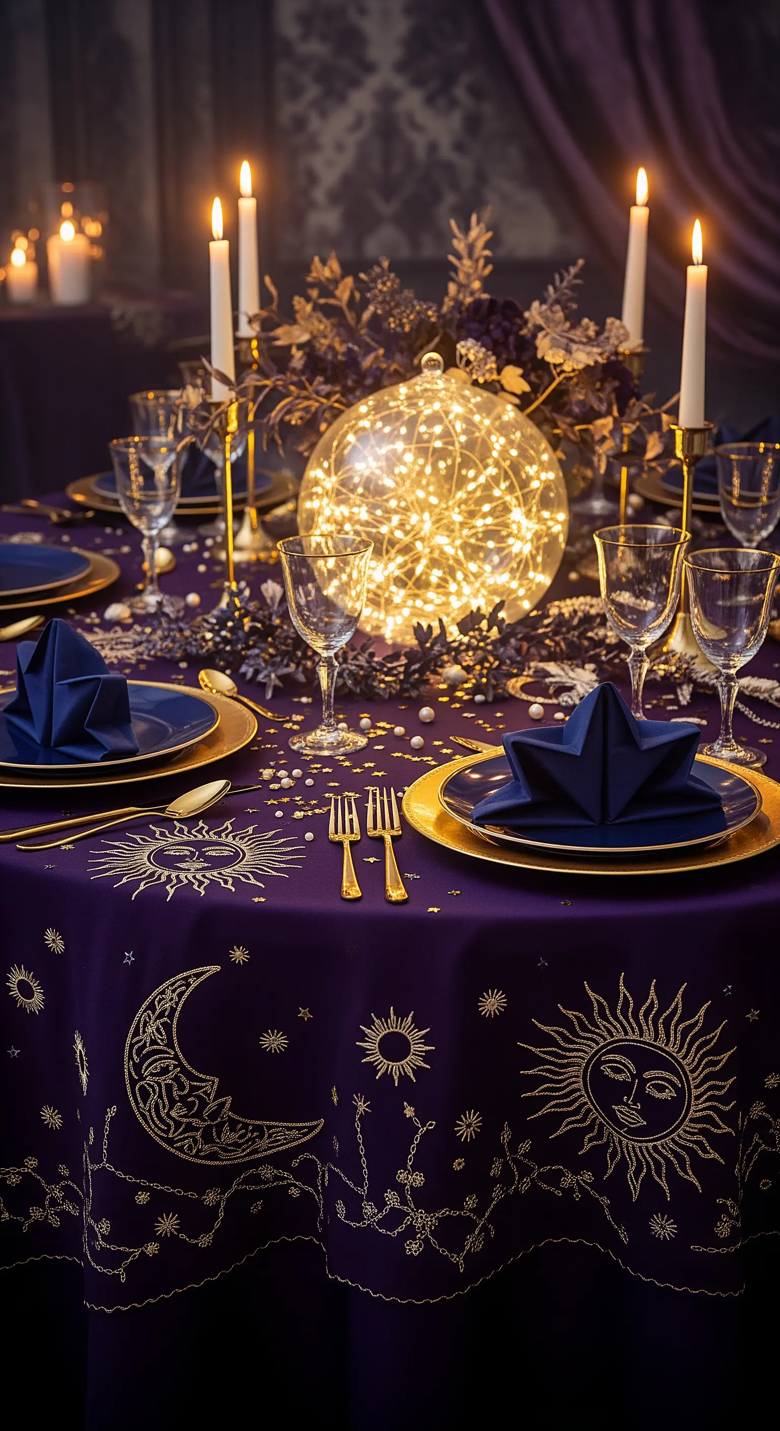 Tisch in Purpur und Gold mit Sternenstickerei, leuchtender Kugel und Kerzen