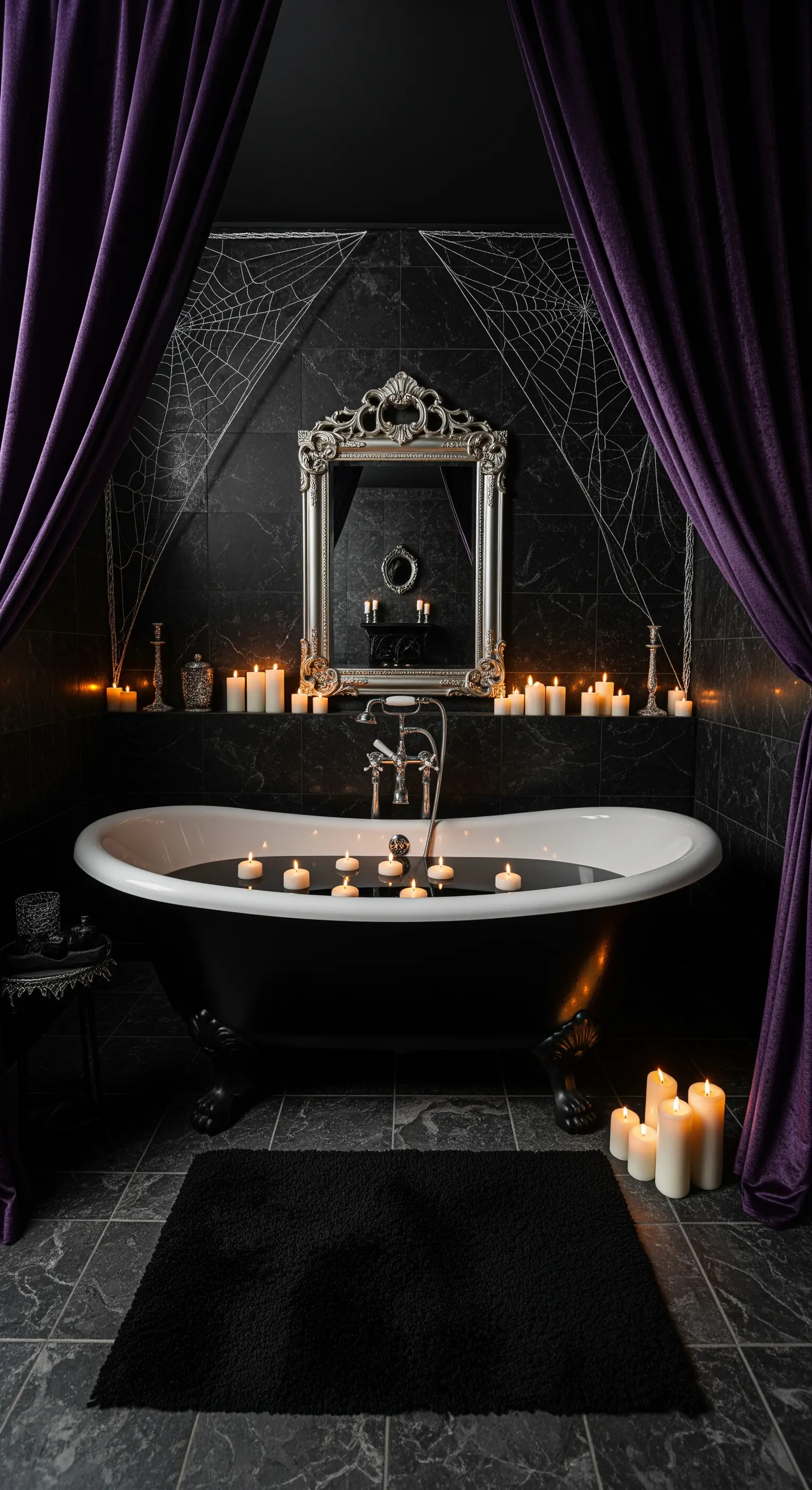 Badezimmer mit lila Samtvorhängen, Spinnweben, Kerzen und schwarzer Badewanne