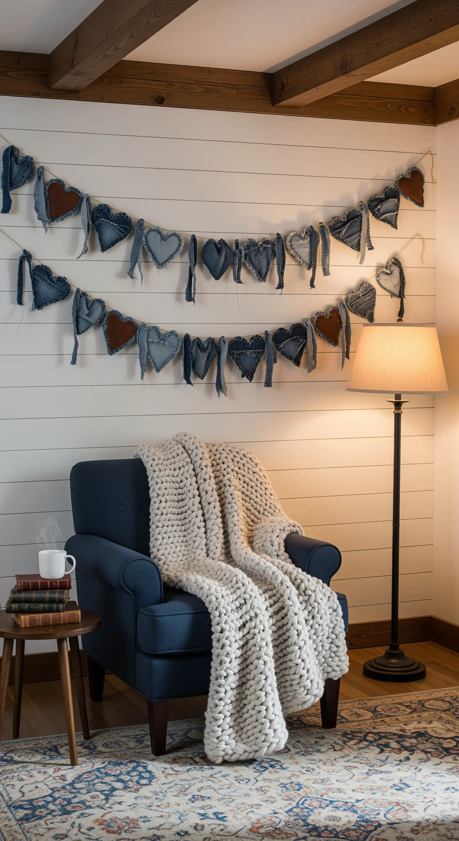 Denim-Herz-Girlande, Upcycling, Shiplap-Wand, rustikales Wohnzimmer