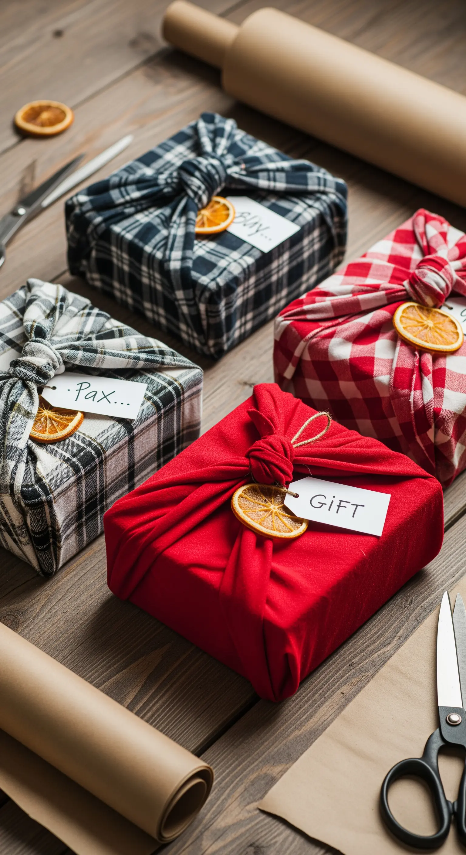 Geschenke in kariertem Stoff verpackt mit getrockneten Orangenscheiben