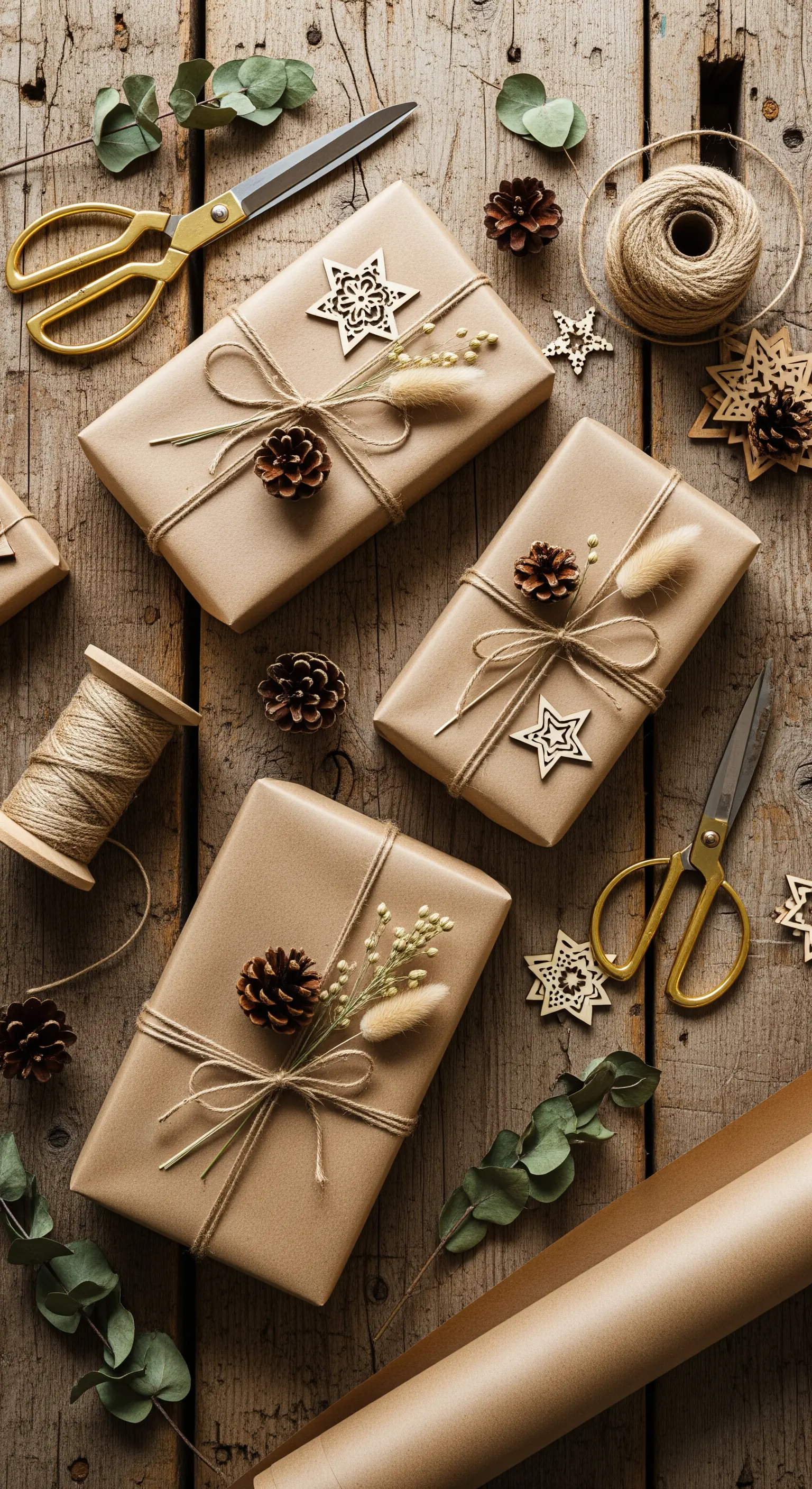 Geschenke in Kraftpapier mit Tannenzapfen, getrockneten Gräsern und Holzsternen dekoriert