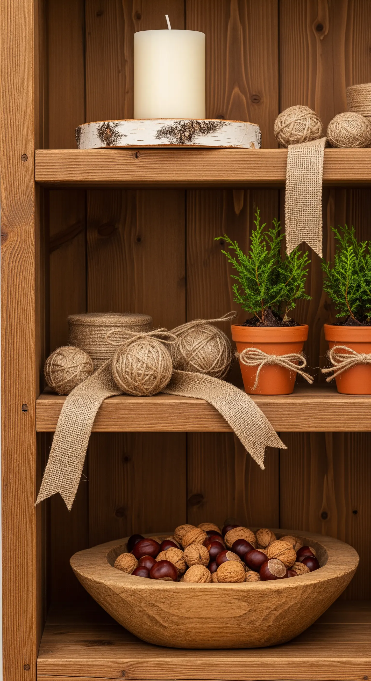Holzregal mit Jutebändern, Garnknäueln, Nüssen und kleinen Zypressen