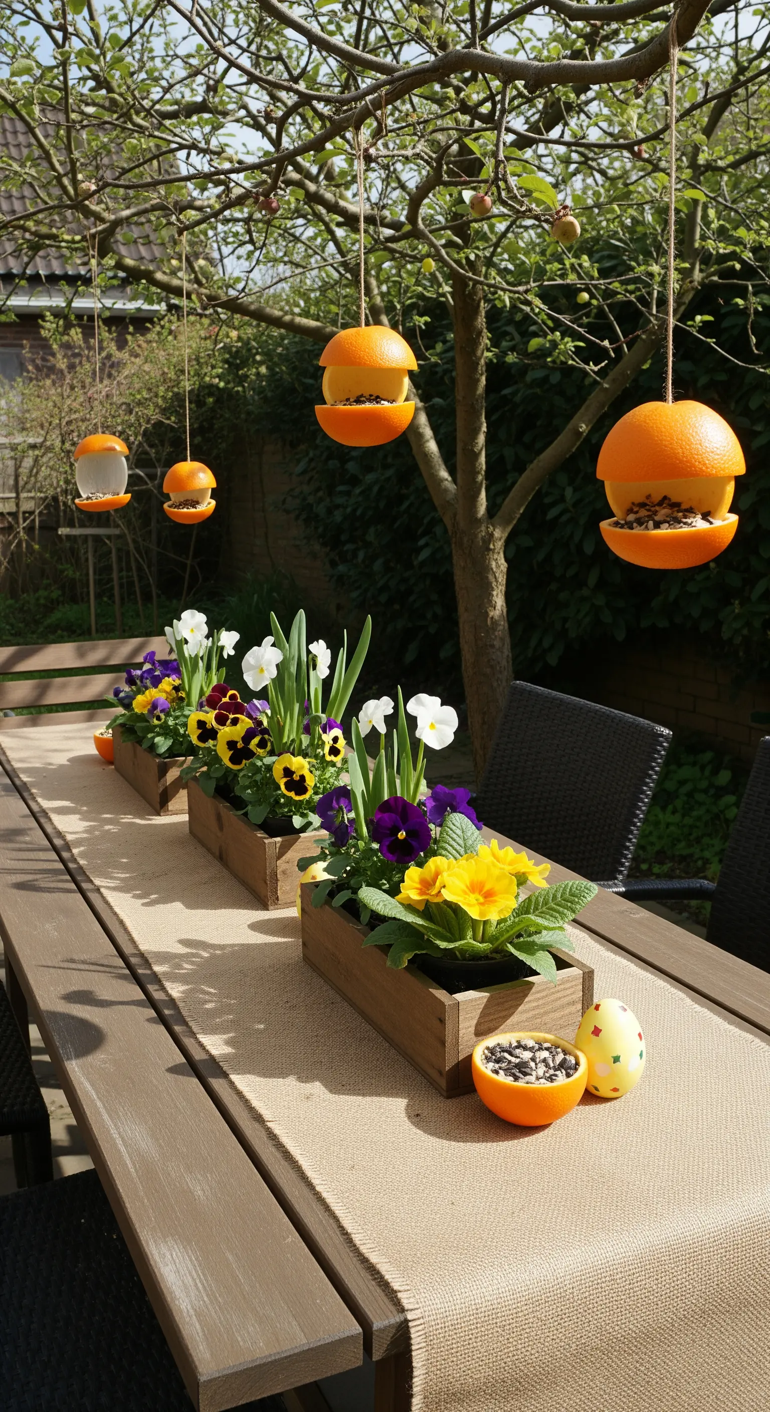 Gartentisch mit DIY-Vogelfutterstationen aus Orangen und Frühlingsblumen