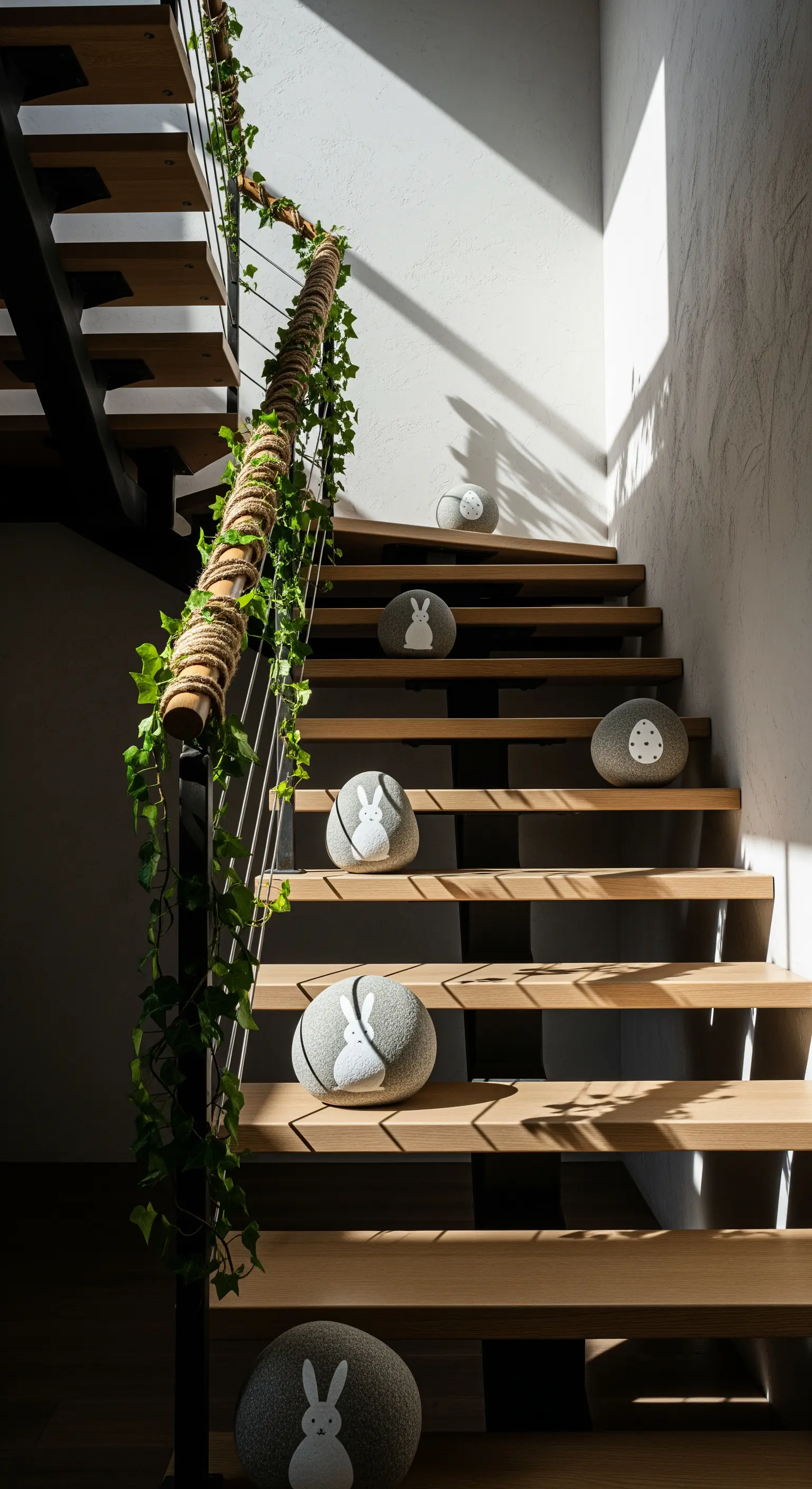 Regal mit Einmachgläsern, Holzhasen und Weizenähren als Osterdeko