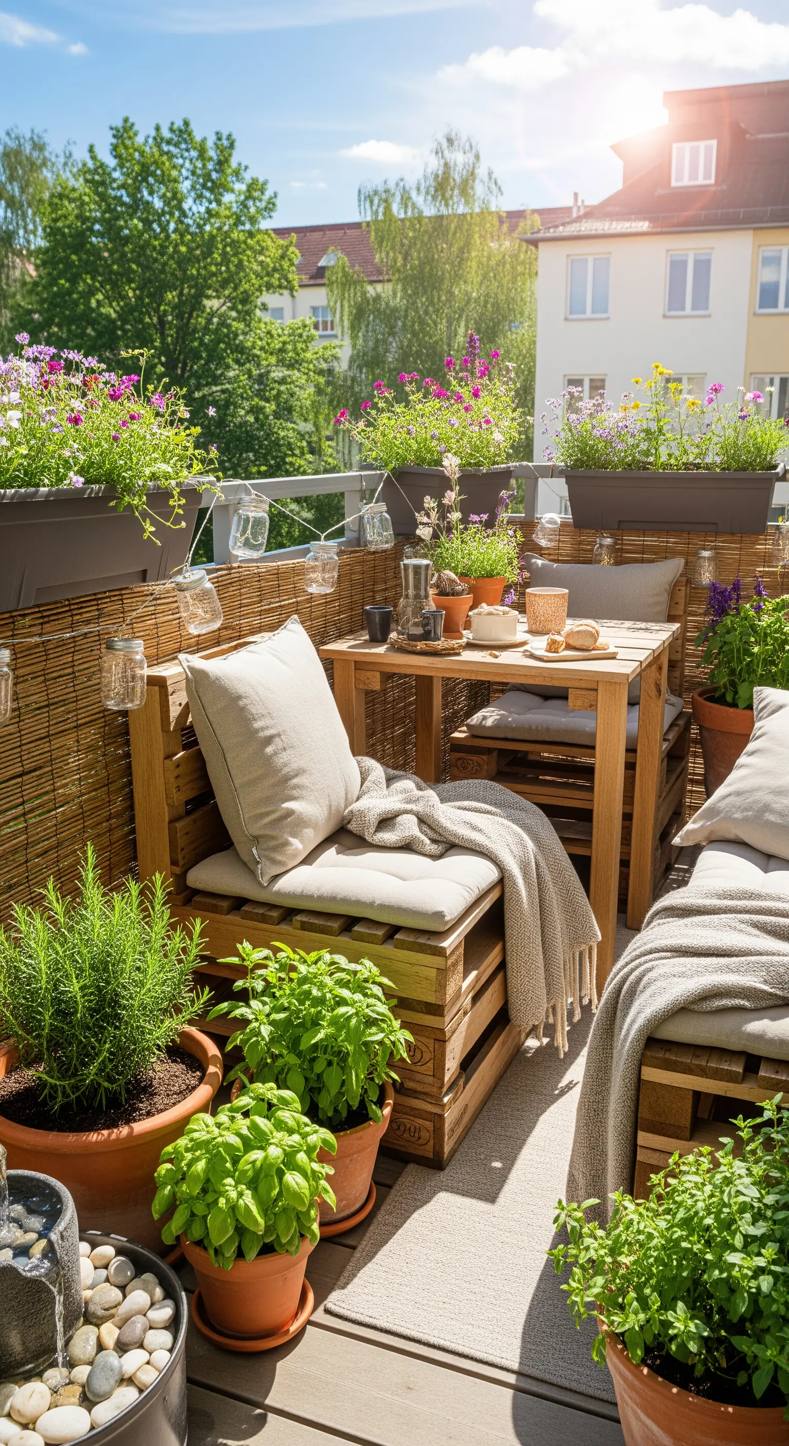 Palettenmöbel, Balkon, Kräutergarten, Bambus, Lichterkette, Cozy Lounge