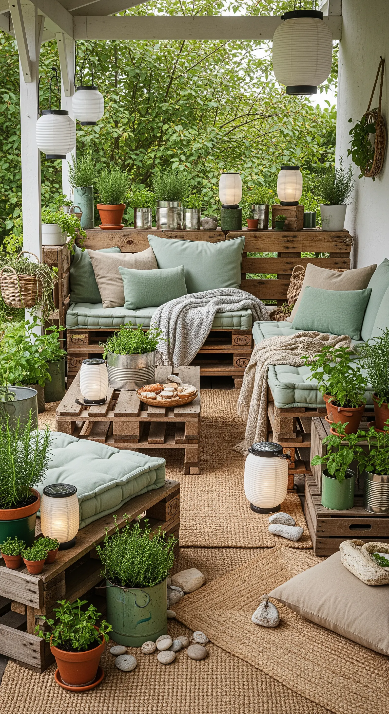 DIY Paletten-Lounge mit mintgrünen Kissen, Kräutern und Jute-Teppich auf der Veranda