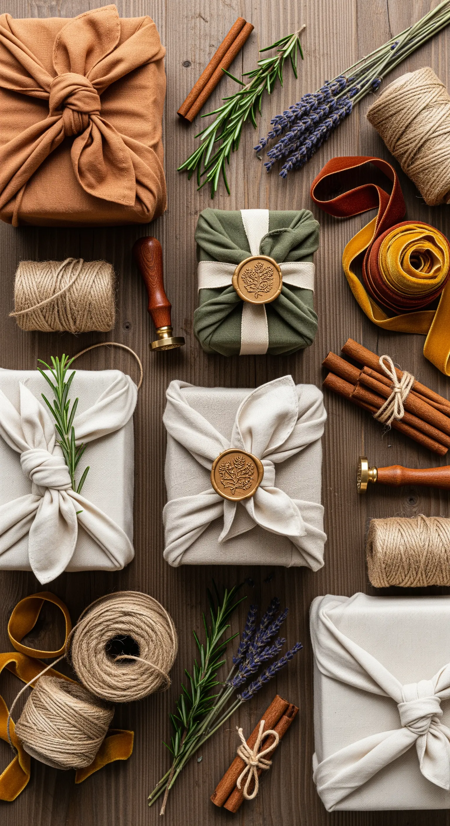 Geschenke verpackt in Stoff mit der Furoshiki-Technik, verziert mit Kräutern