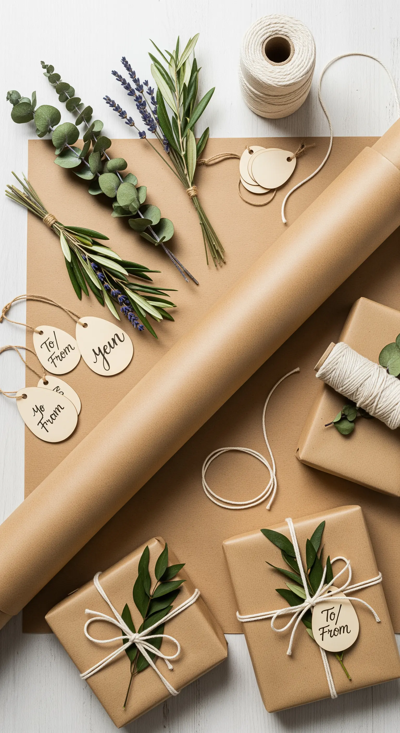 Geschenkverpackungen aus Kraftpapier mit Eukalyptus-Zweigen und Holzetiketten