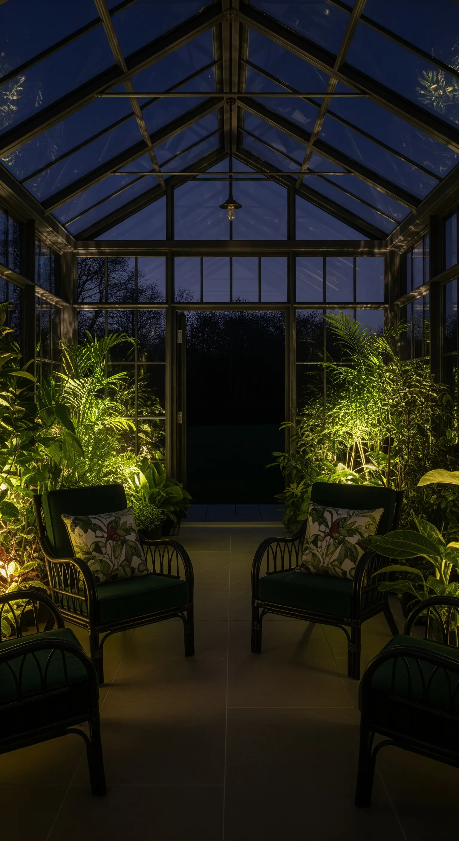 Ein nachts beleuchteter Wintergarten mit Sesseln aus dunklem Samt und von unten angestrahlten Pflanzen