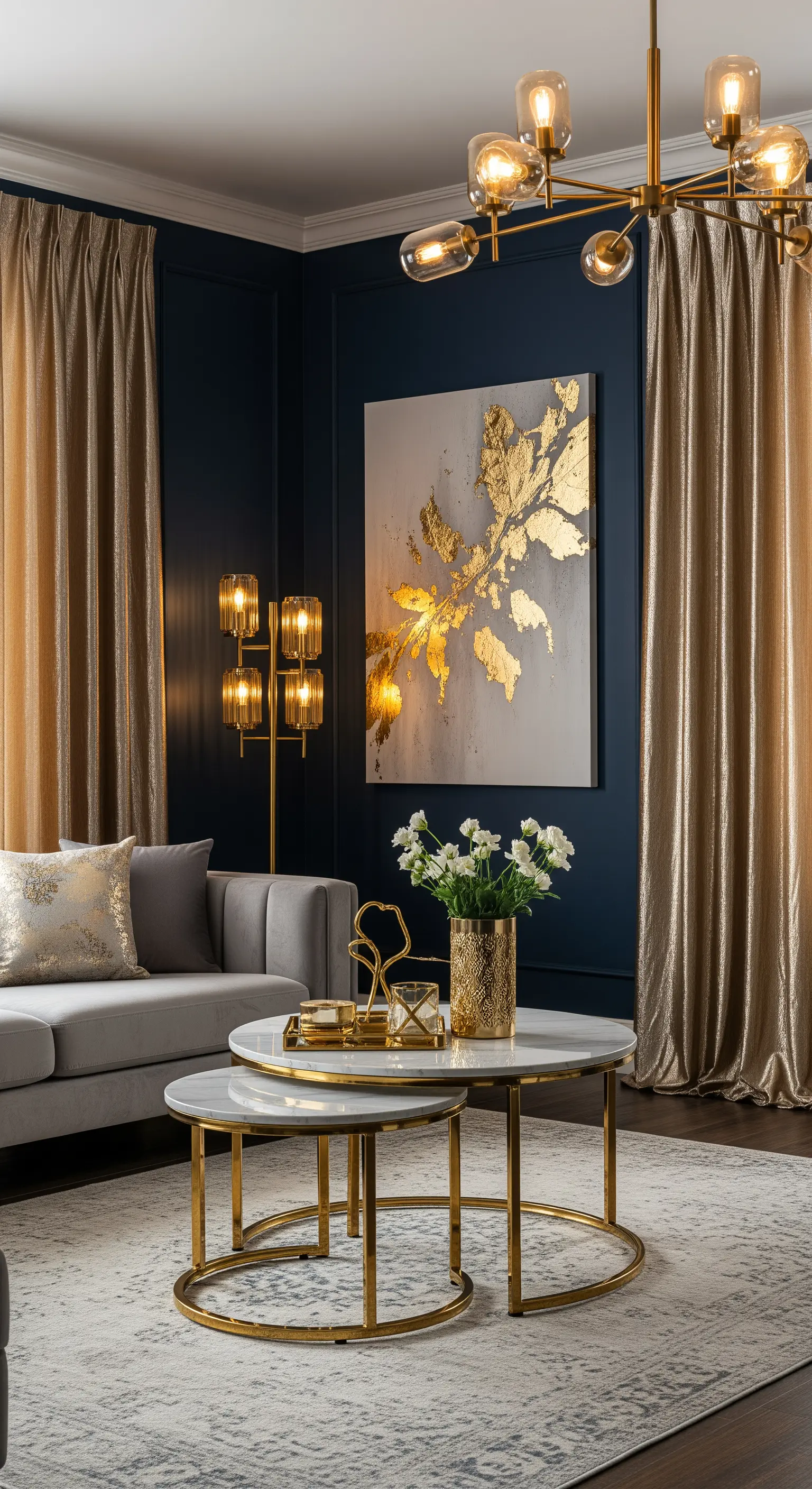 Elegantes Wohnzimmer in Marineblau mit glänzenden goldenen Vorhängen und Accessoires.