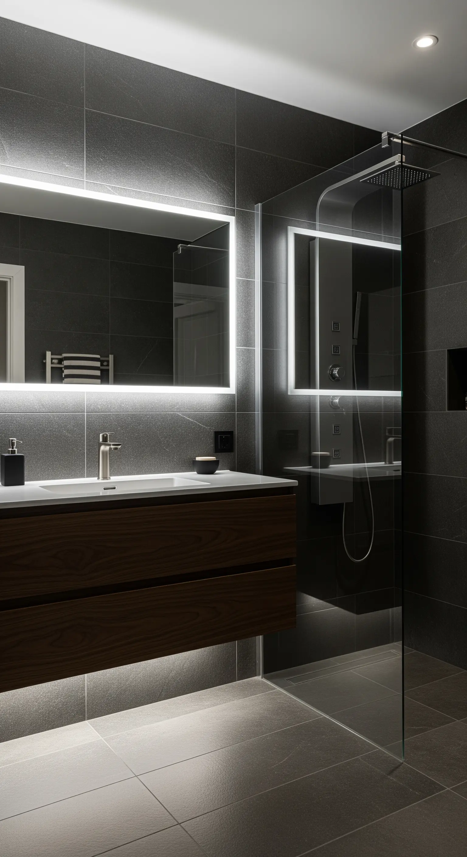 Dunkles, modernes Badezimmer mit großen grauen Fliesen und indirekter LED-Beleuchtung