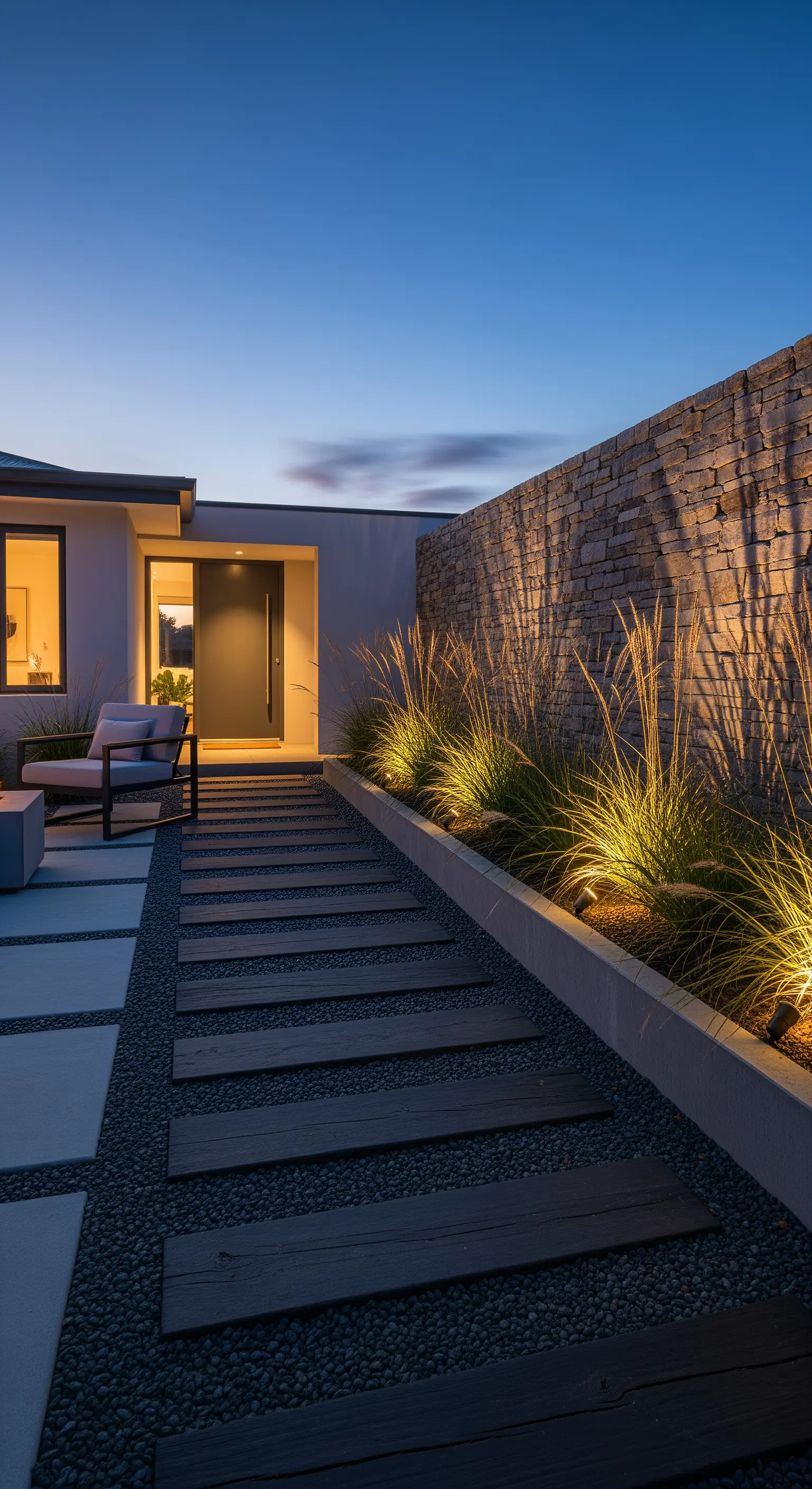 Beleuchteter Japandi Weg mit Holz und Kies, umgeben von Gräsern