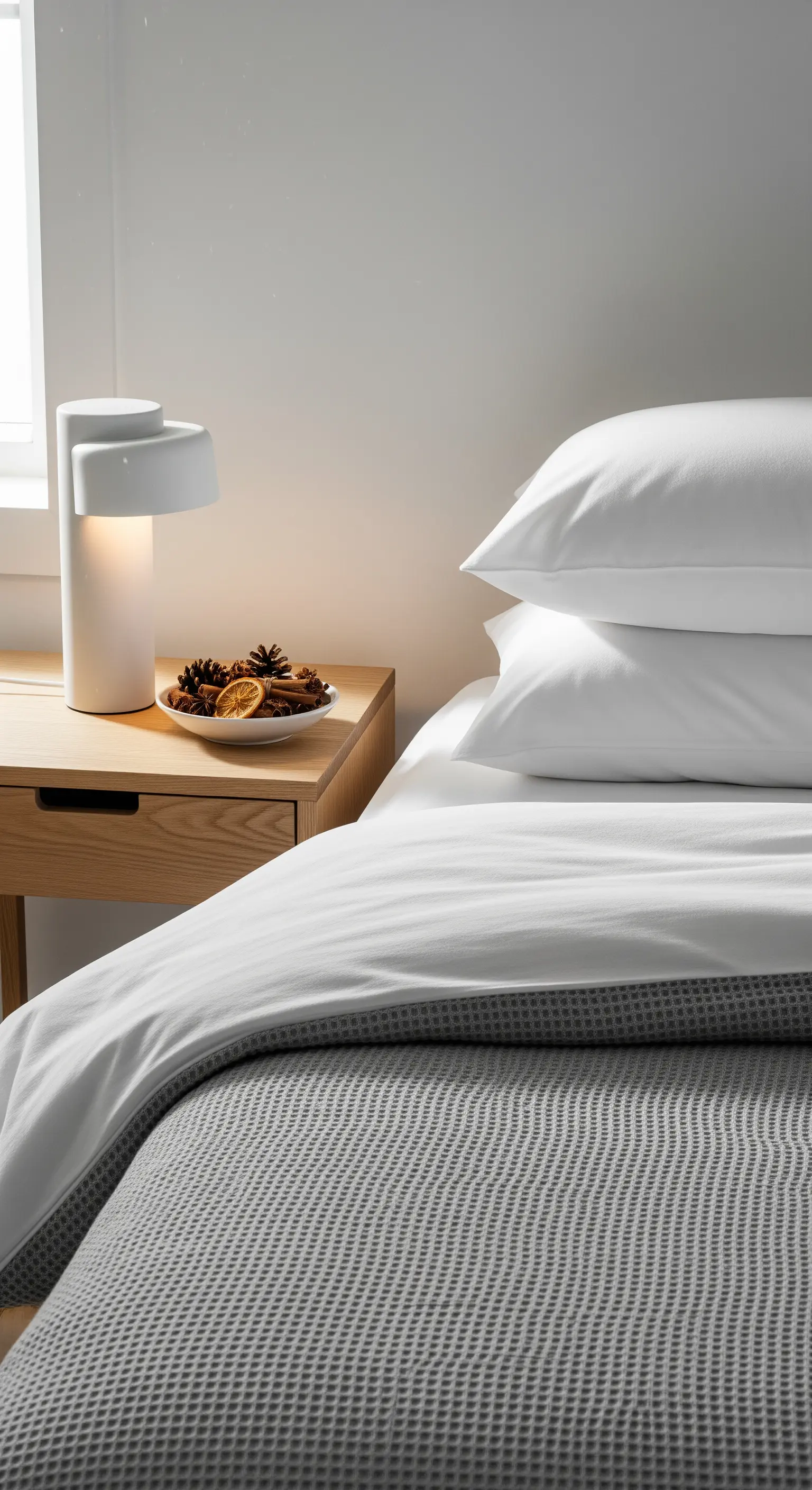 Nachttisch mit minimalistischer Lampe und Schale mit Kiefernzapfen und Orangen