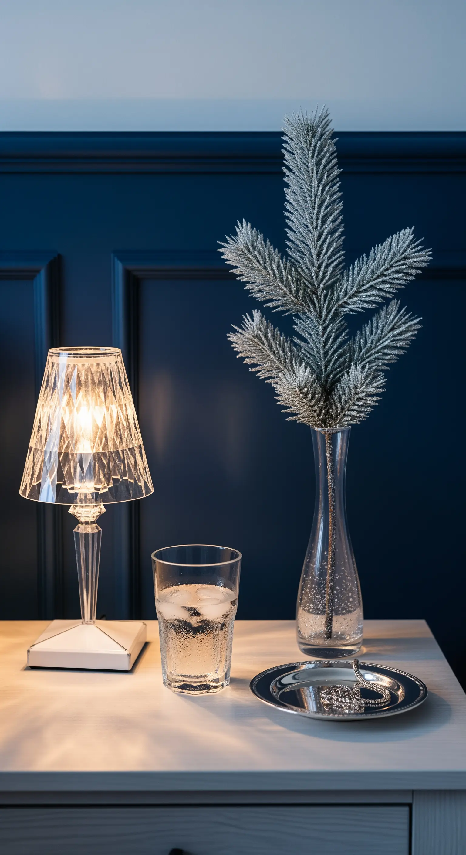 Nachttisch mit strukturierter Lampe, frostigem Tannenzweig, Silberteller und Wasserglas.