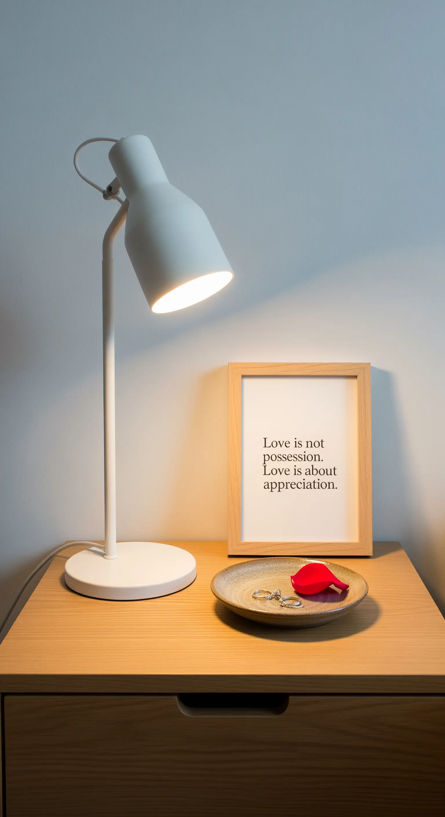 Nachttisch mit Schreibtischlampe, gerahmtem Zitat, Schale mit Schlüsseln und rotem Herz.