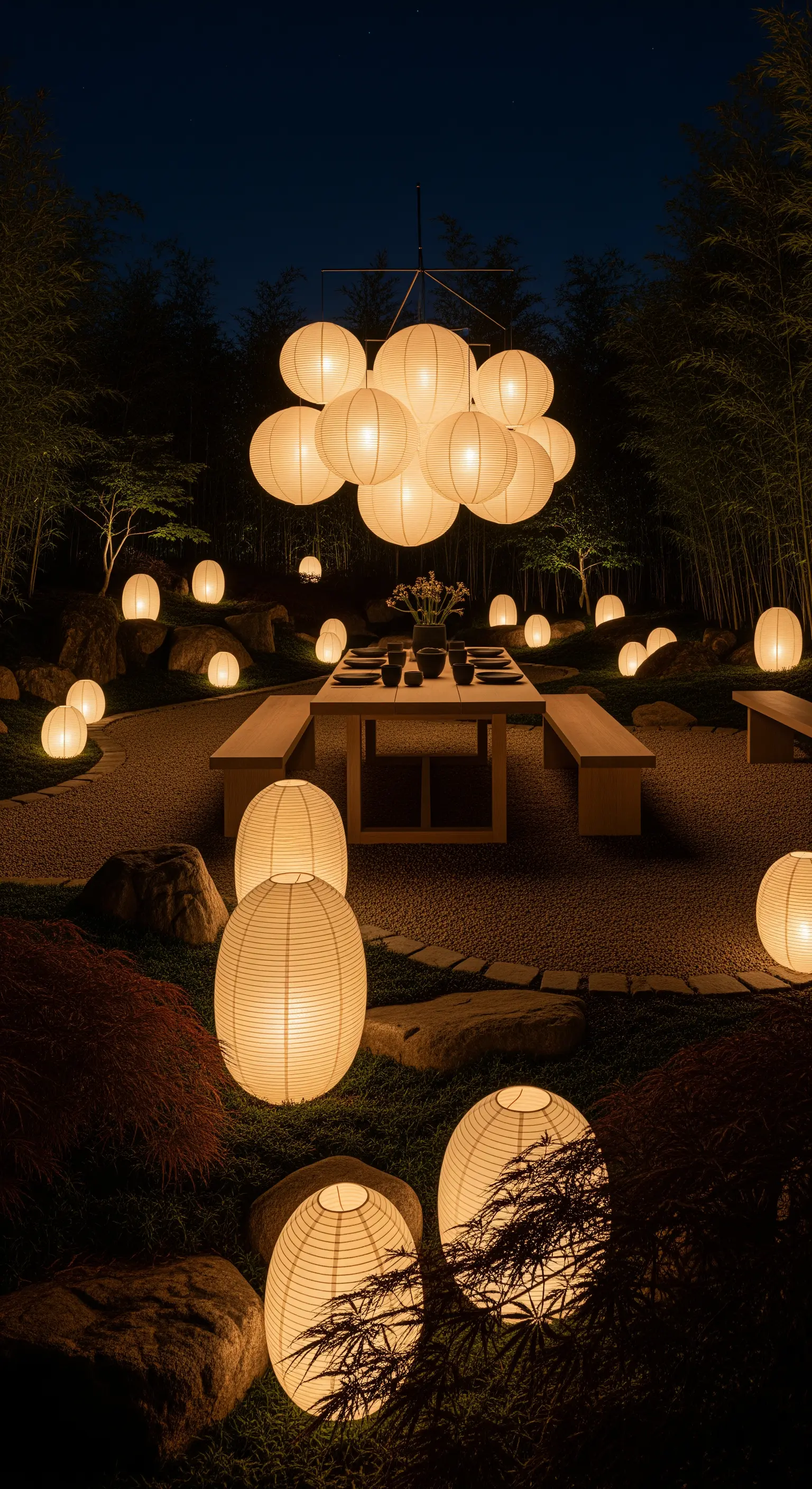 Japandi Garten, Bodenlaternen, Hängelaternen, Nacht
