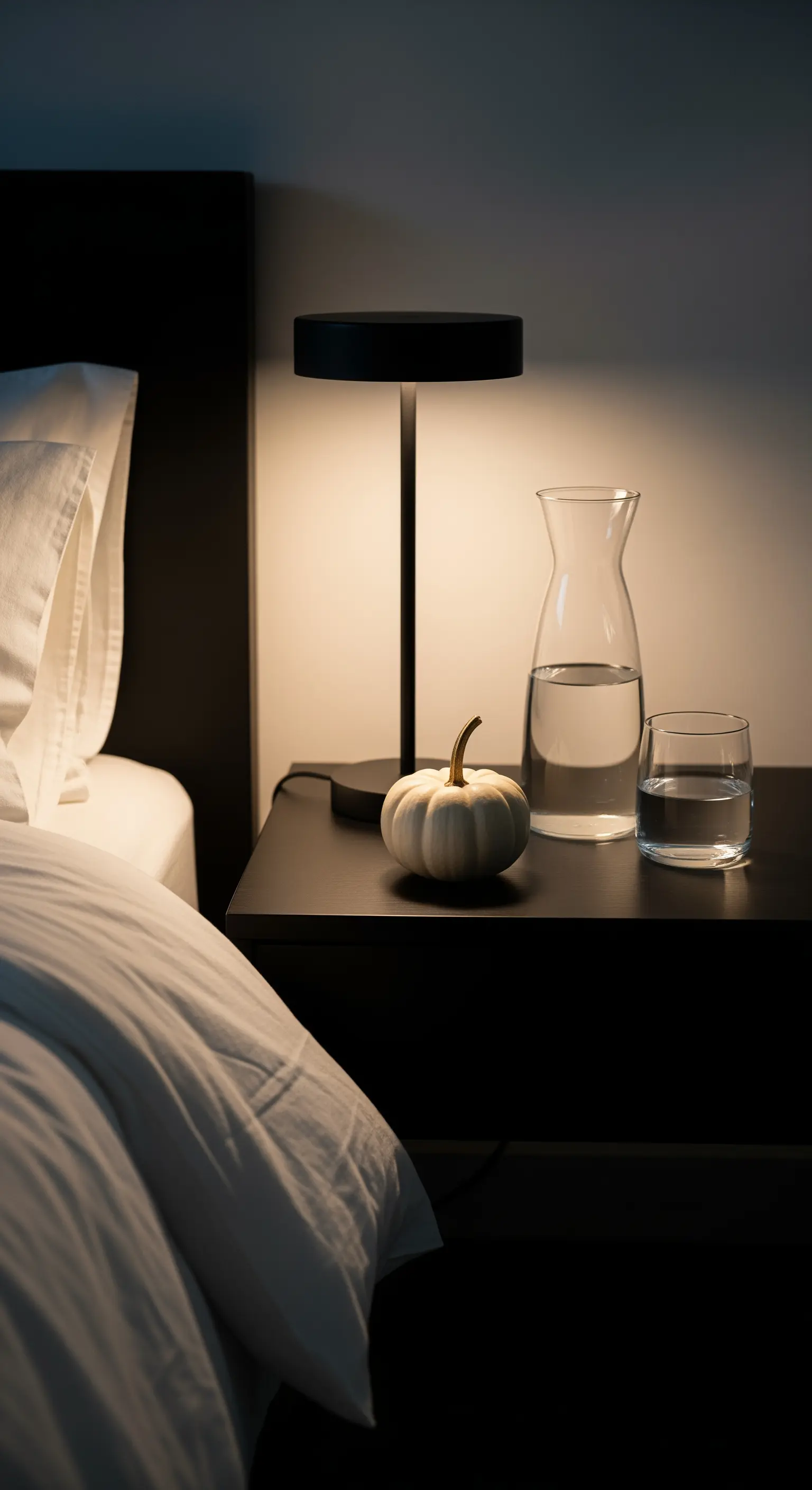 Minimalistischer Nachttisch mit schwarzer Lampe, weißem Kürbis und Wasserglas