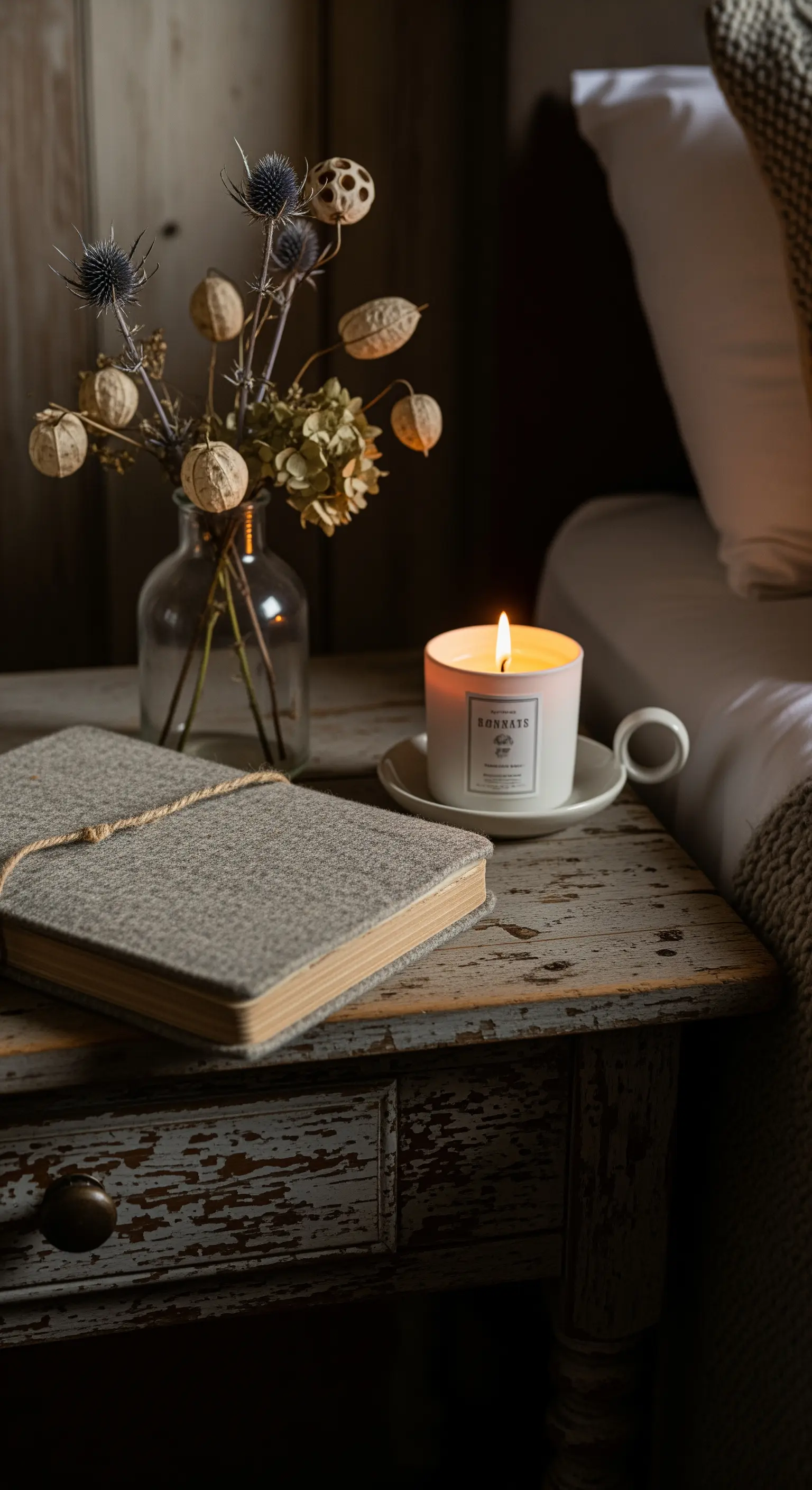 Nachttisch, brennende Kerze, Buch, getrocknete Blumen