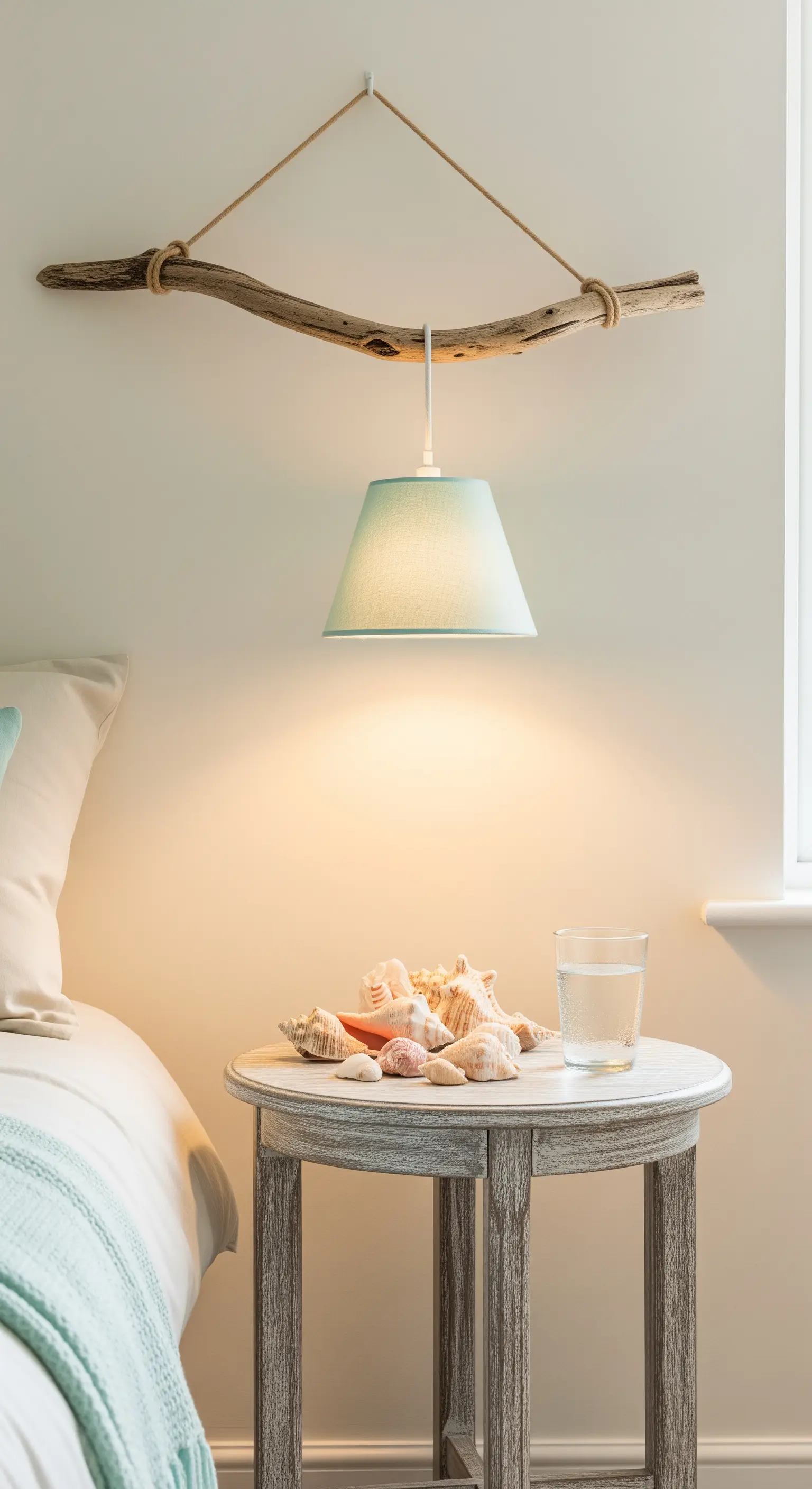 Nachttisch mit Muscheln, Glas Wasser und Hängelampe aus Treibholz