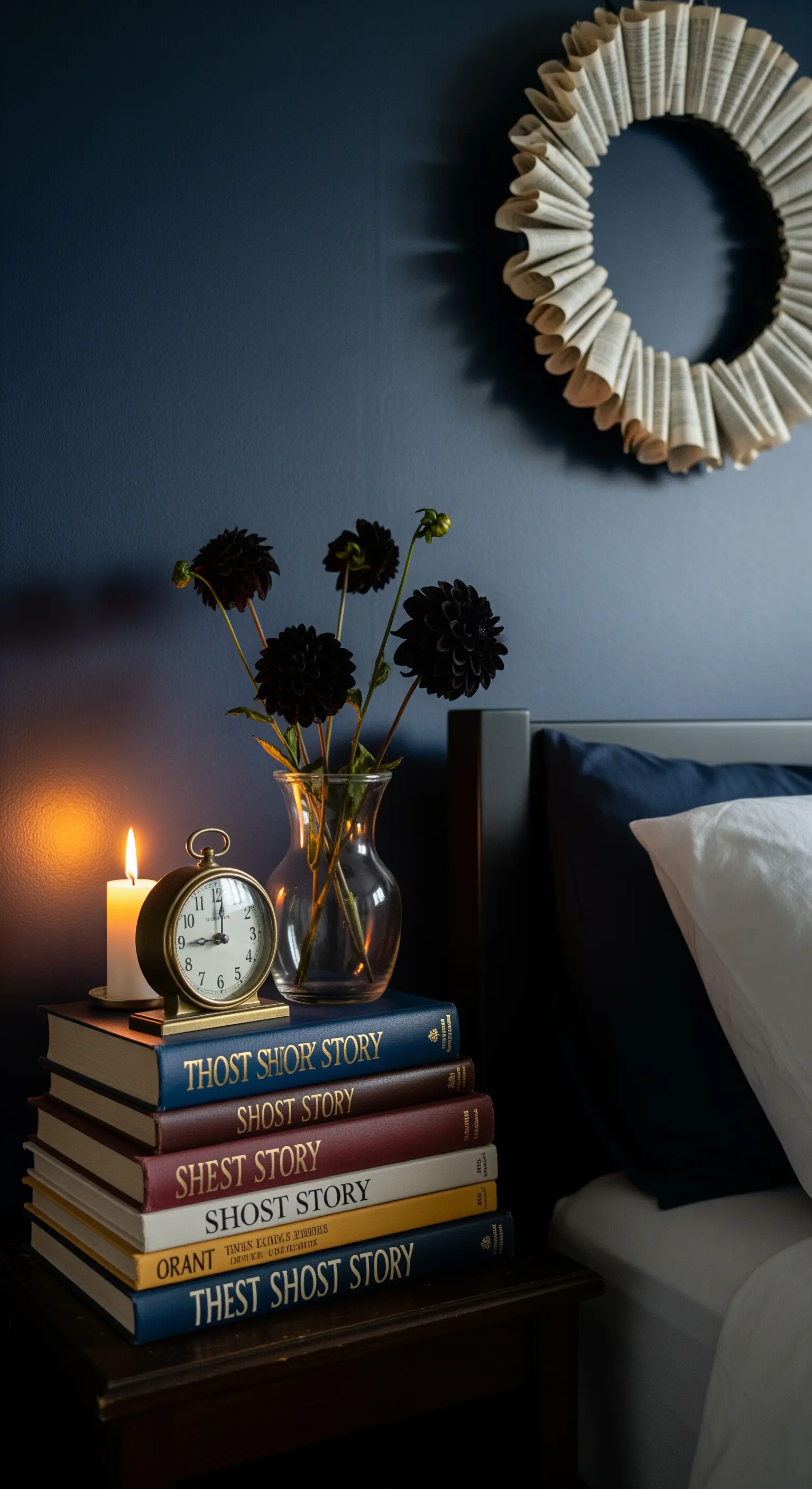 Nachttisch, Bücherstapel, Kerze, Uhr, schwarze Blumen, Schlafzimmer.