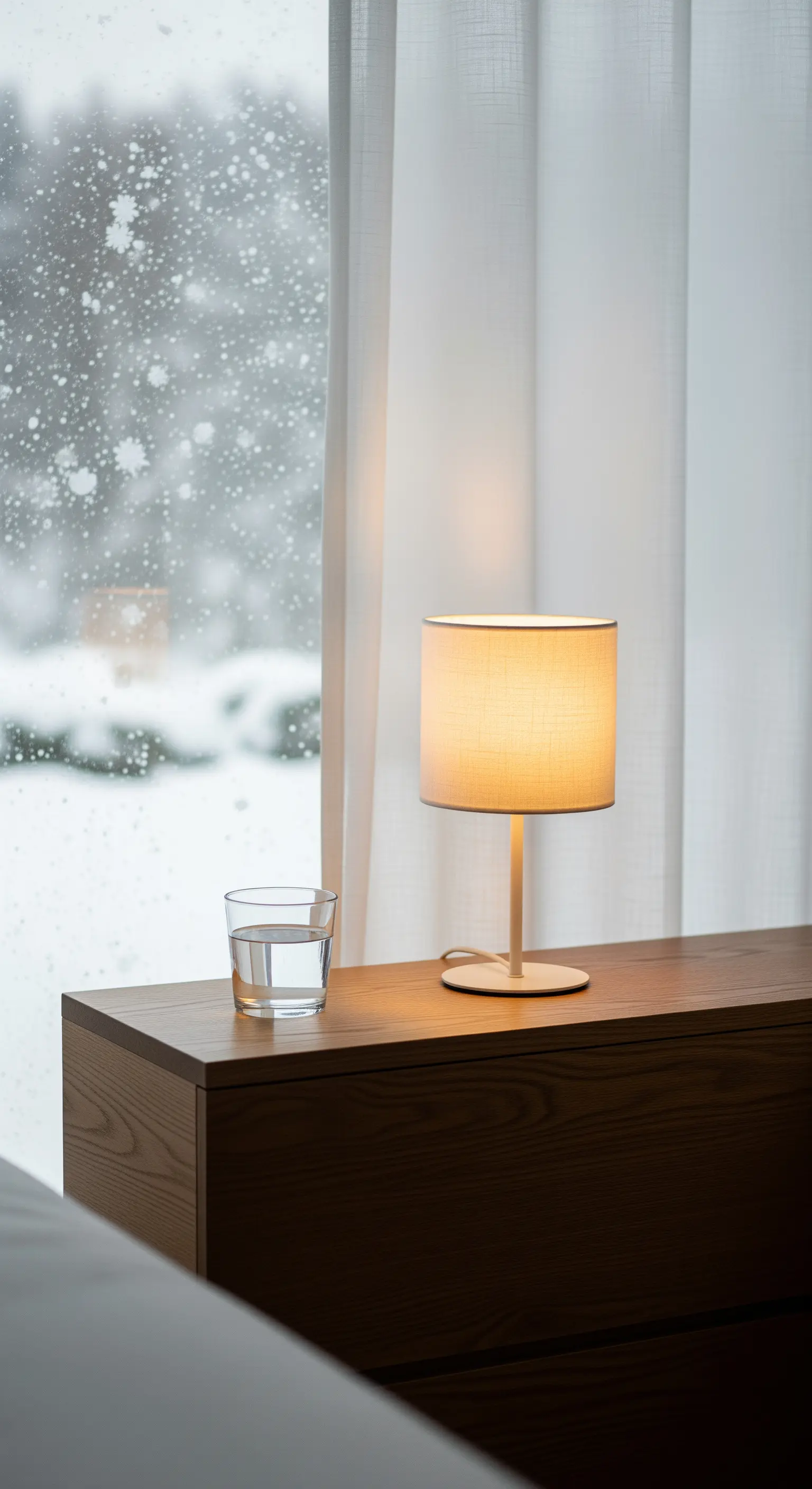 Nachttisch mit Tischlampe und Wasserglas vor einem Fenster mit Schneefall.