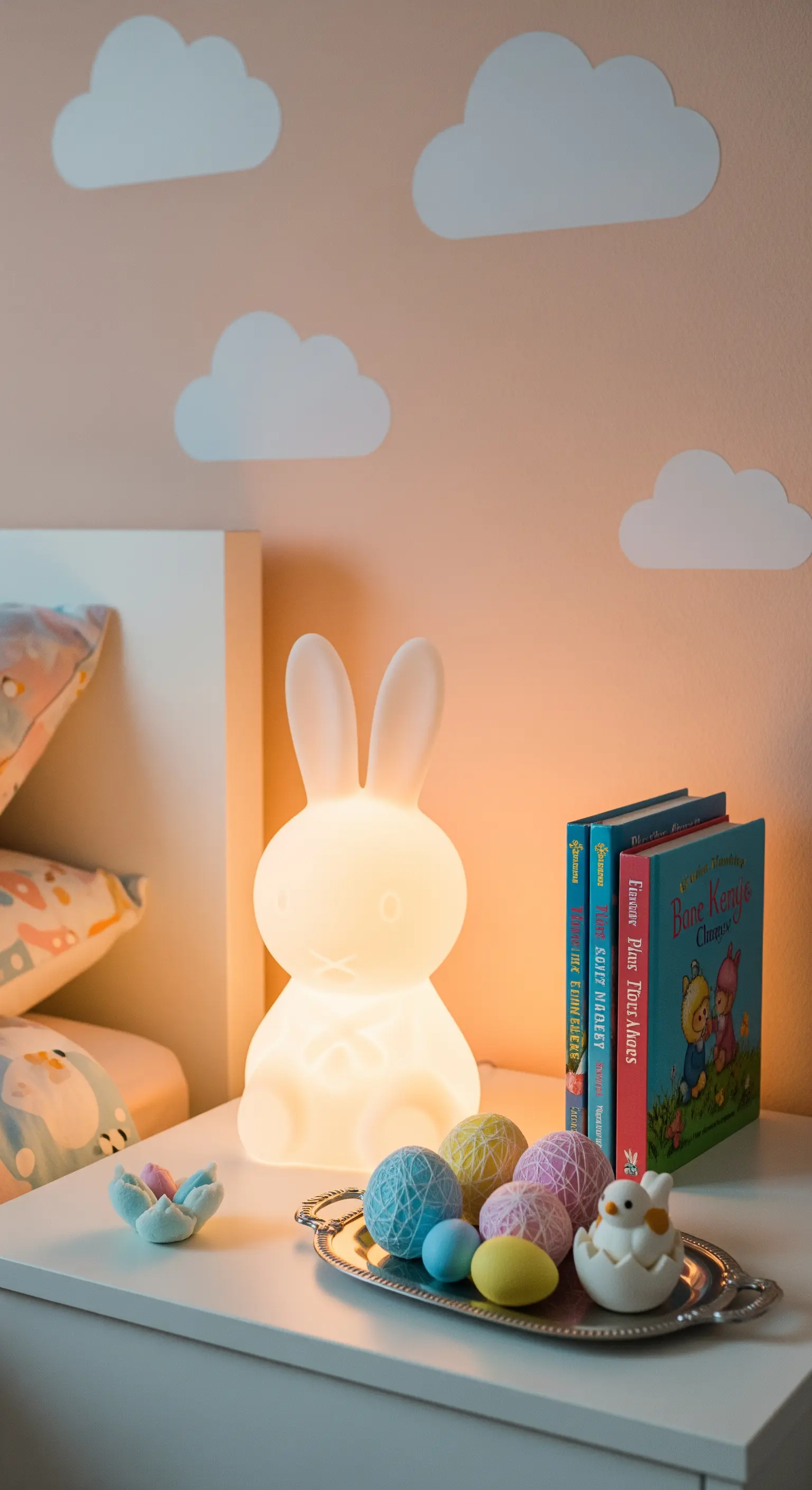 Hasenlampe, leuchtende Ostereier, Kinderbücher auf dem Nachttisch.