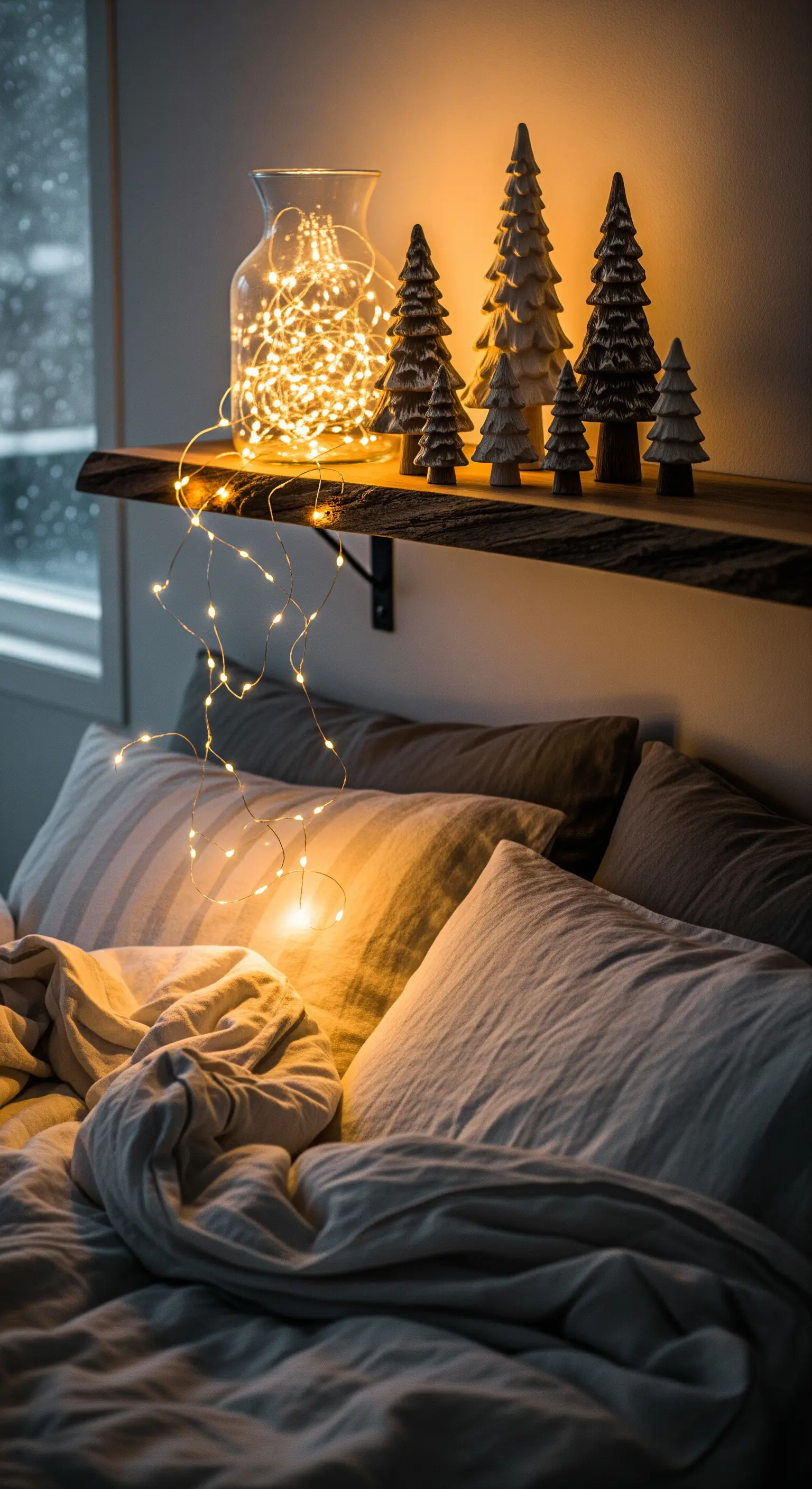 Nachttischregal mit Holz-Tannenbäumen und Lichterkette im Glasgefäß.