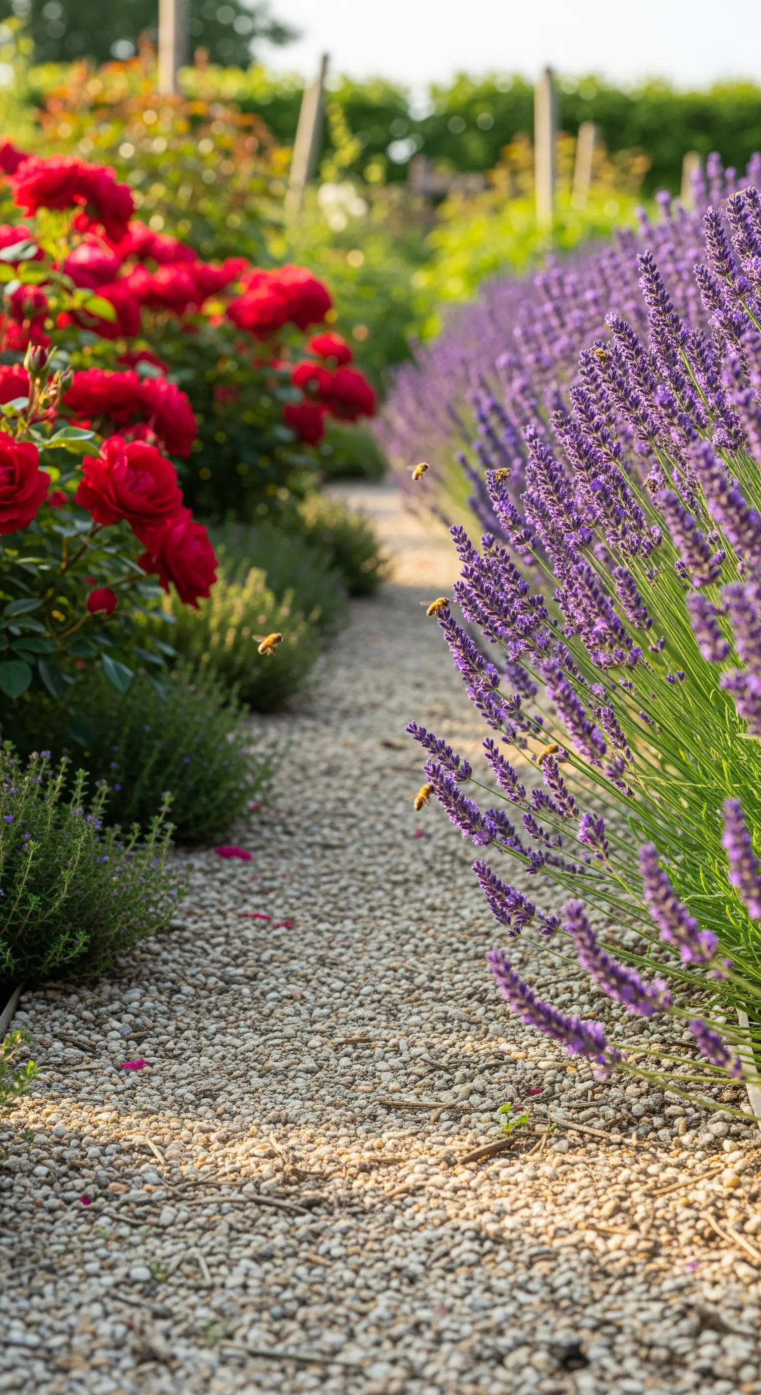 Kiespfad mit summenden Bienen auf Lavendel und leuchtenden roten Rosen
