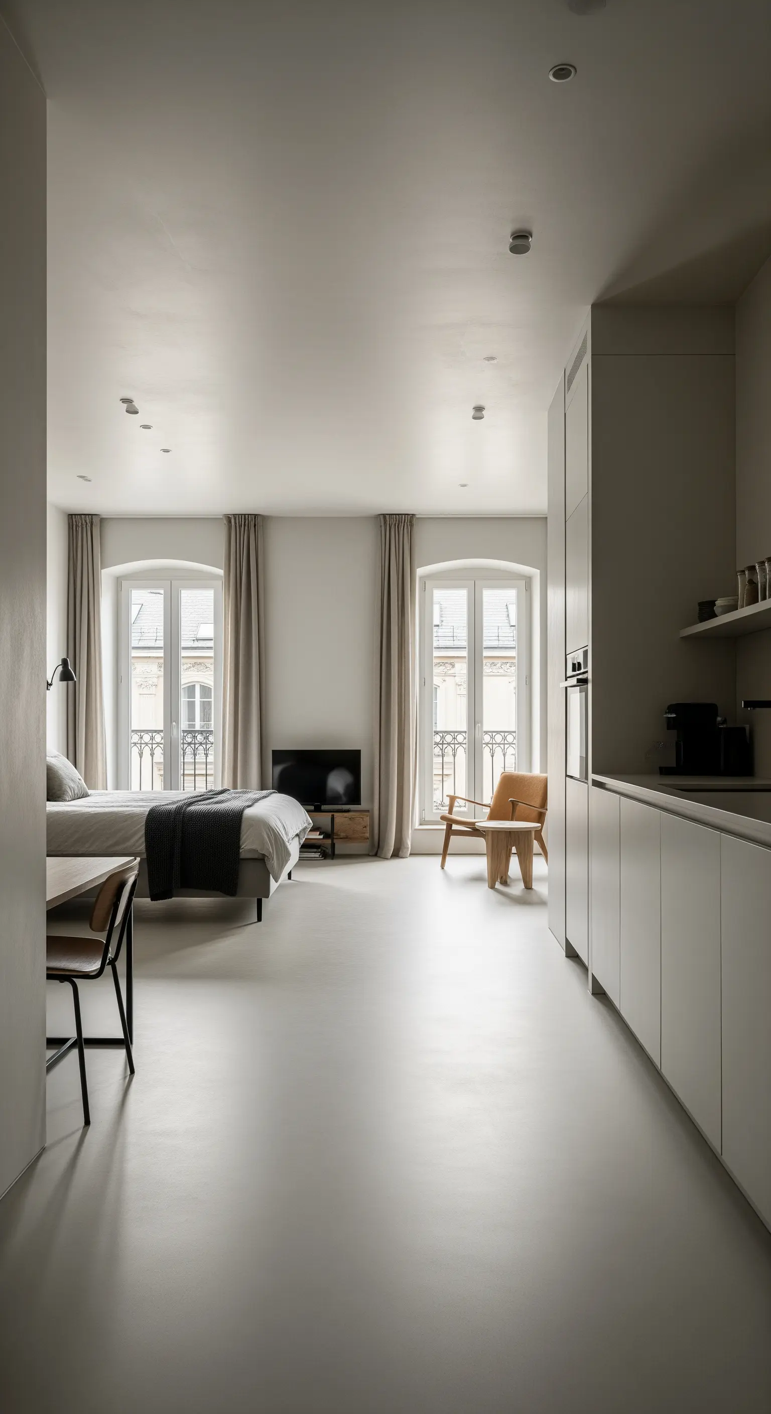 Offenes Studio-Apartment mit durchgehendem, hellem Betonboden und klar definierten Wohnzonen