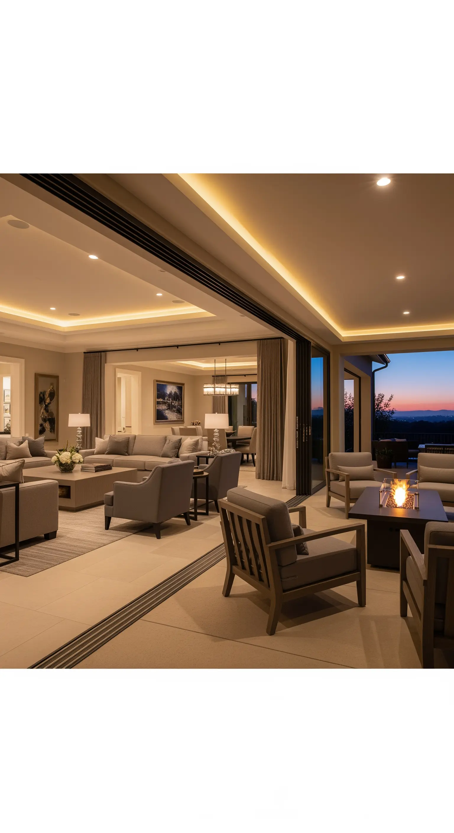 Offener Wohn- und Terrassenbereich mit durchgehender Voutenbeleuchtung an der Decke