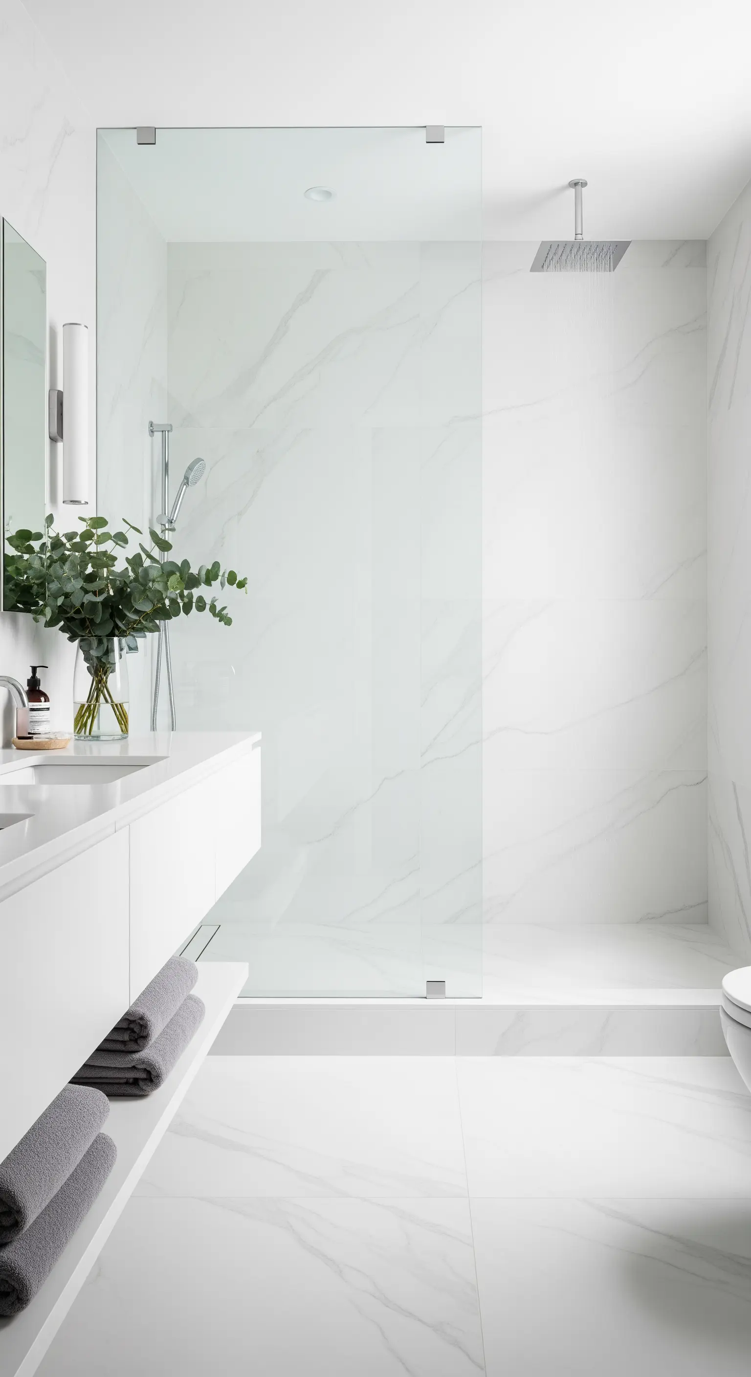 Minimalistisches, weißes Marmorbad mit schwebendem Waschtisch und offener Glasdusche