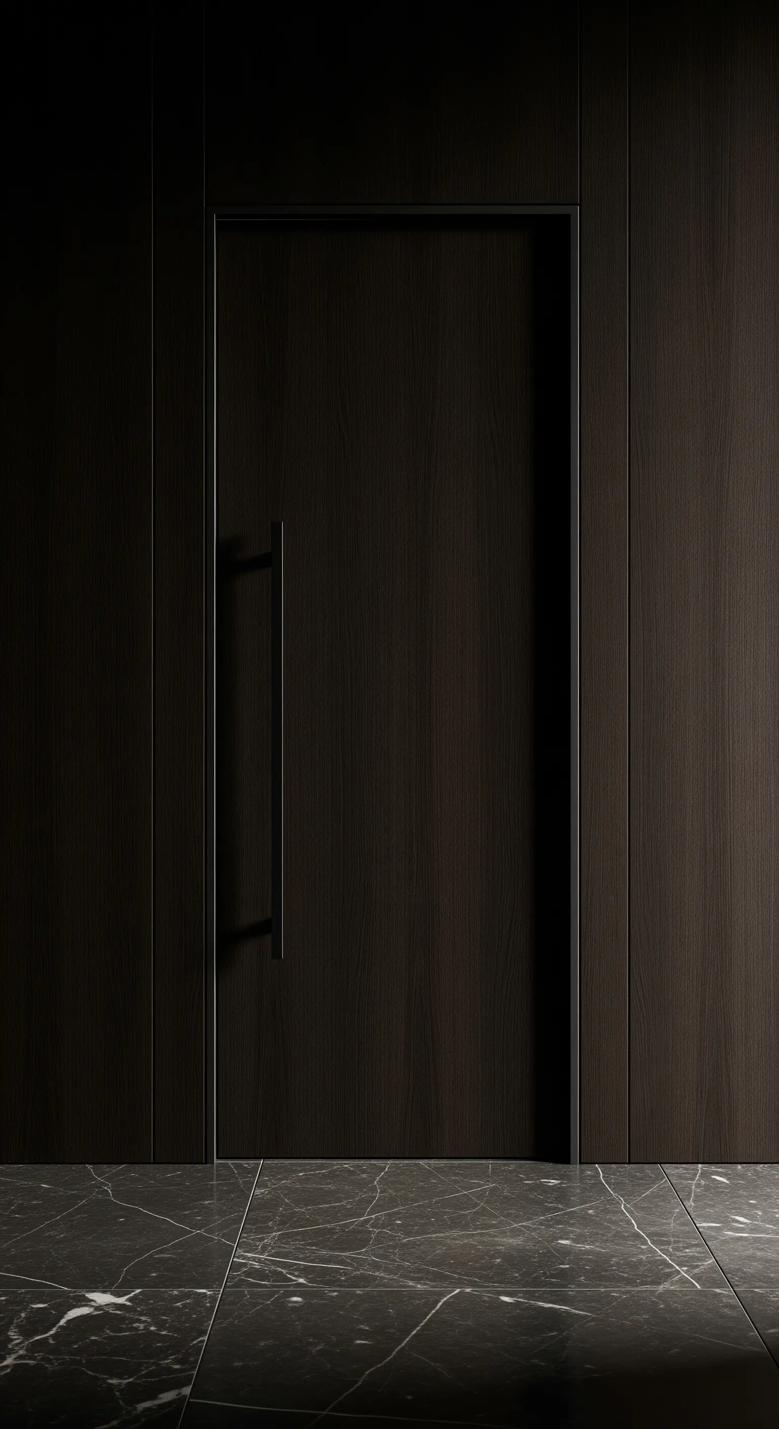 Flächenbündige Tür in dunkler Holzverkleidung mit minimalistischem Griff