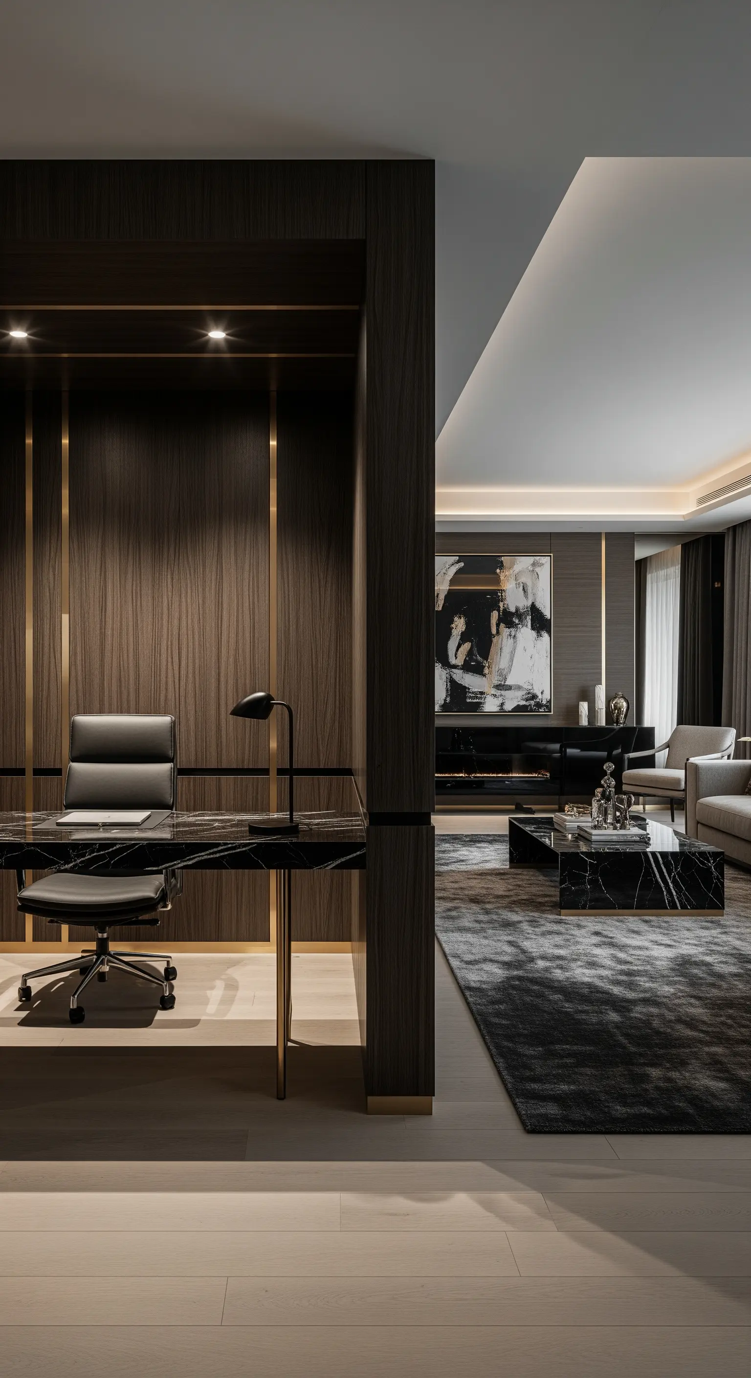 Home-Office-Bereich mit schwarzem Marmorschreibtisch, der zum Wohnzimmer passt.