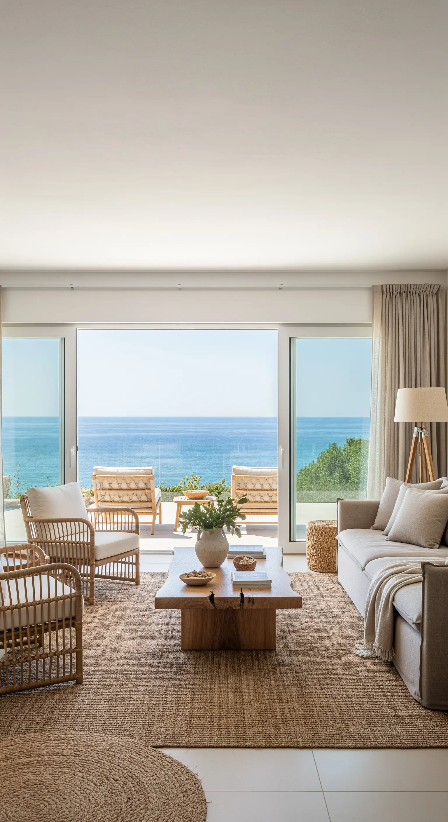 Helles Wohnzimmer mit Rattanmöbeln und Jute-Teppich vor einer großen Fensterfront mit Meerblick.