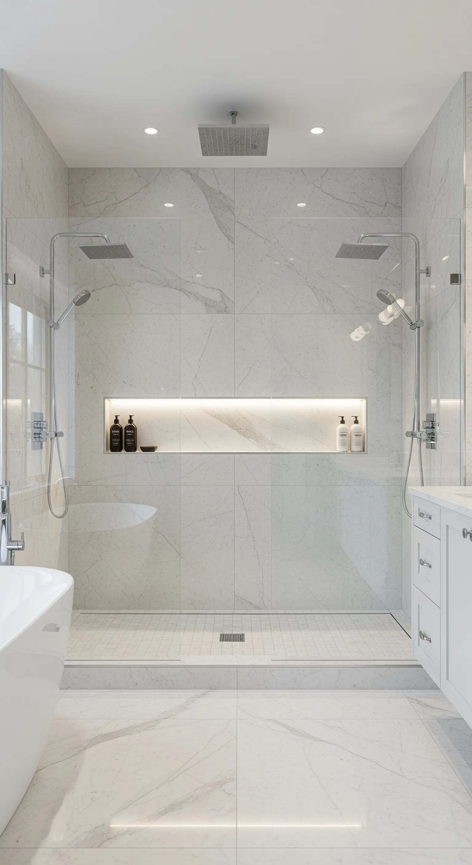 Breite, beleuchtete Wandnische in einer Doppel-Dusche aus weißem Marmor.