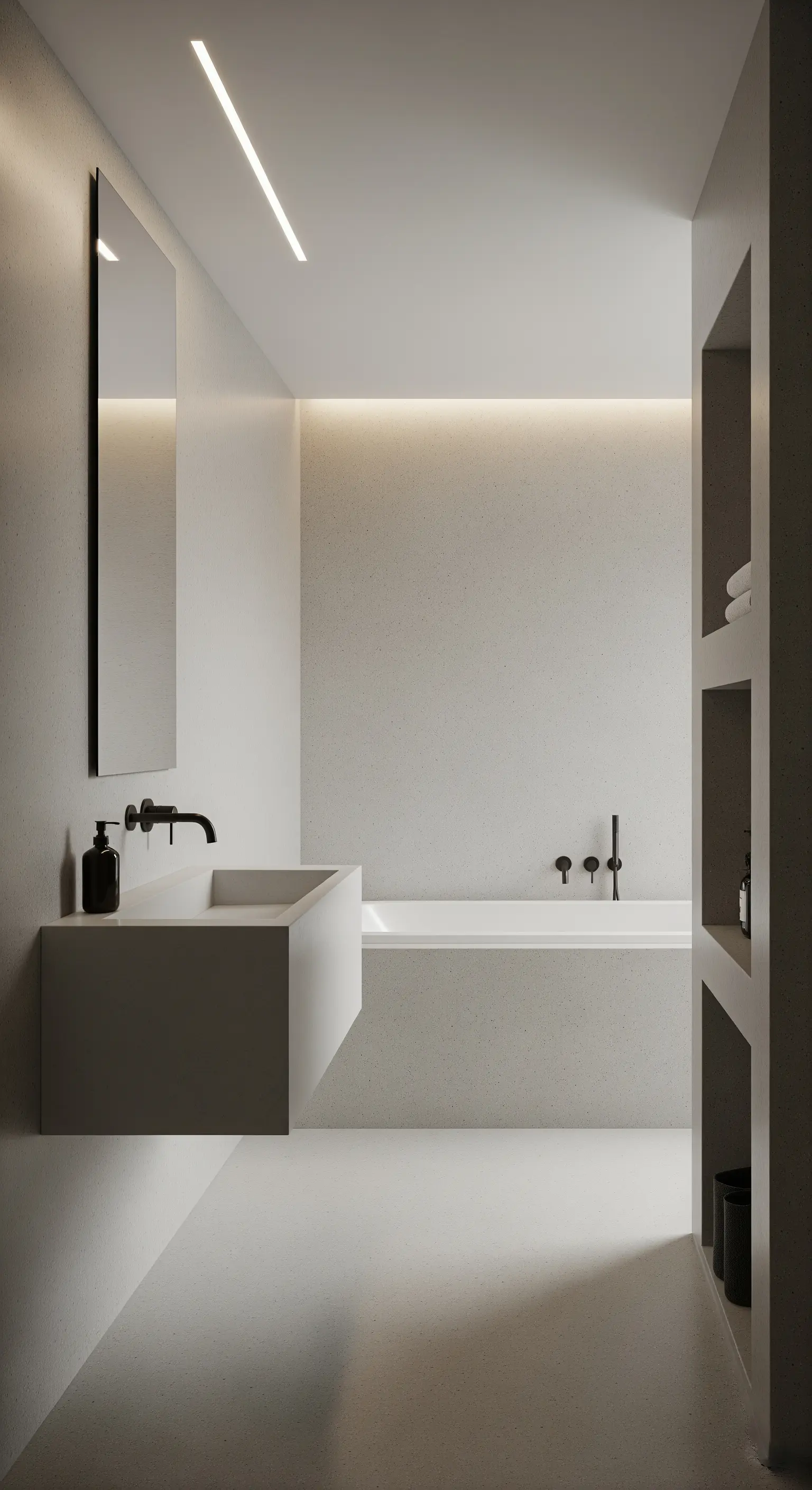 Schwebendes, minimalistisches Waschbecken in einem fugenlosen, hellen Raum.