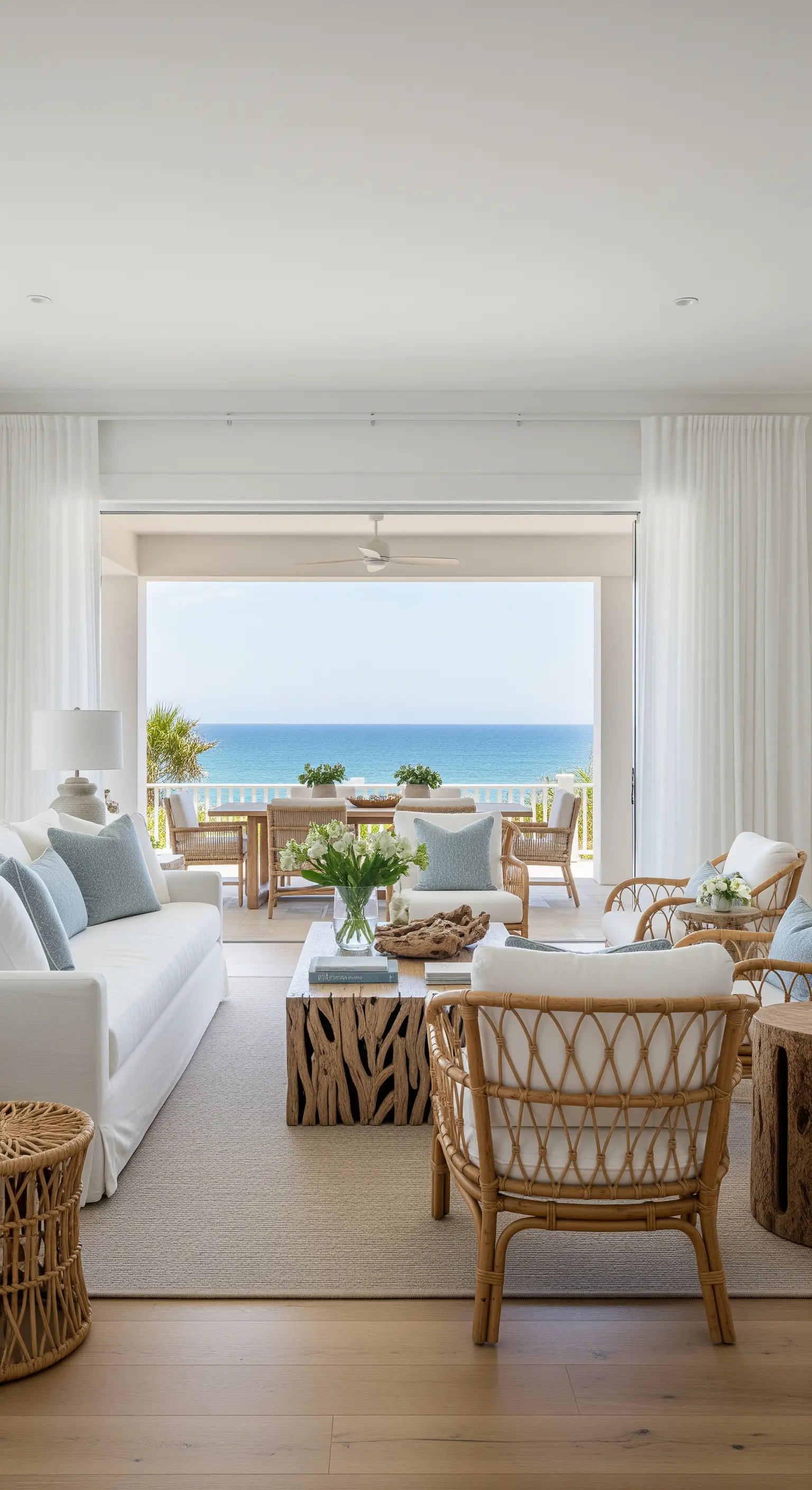 Helles Wohnzimmer im Coastal-Stil mit Rattanmöbeln und Blick auf das Meer.
