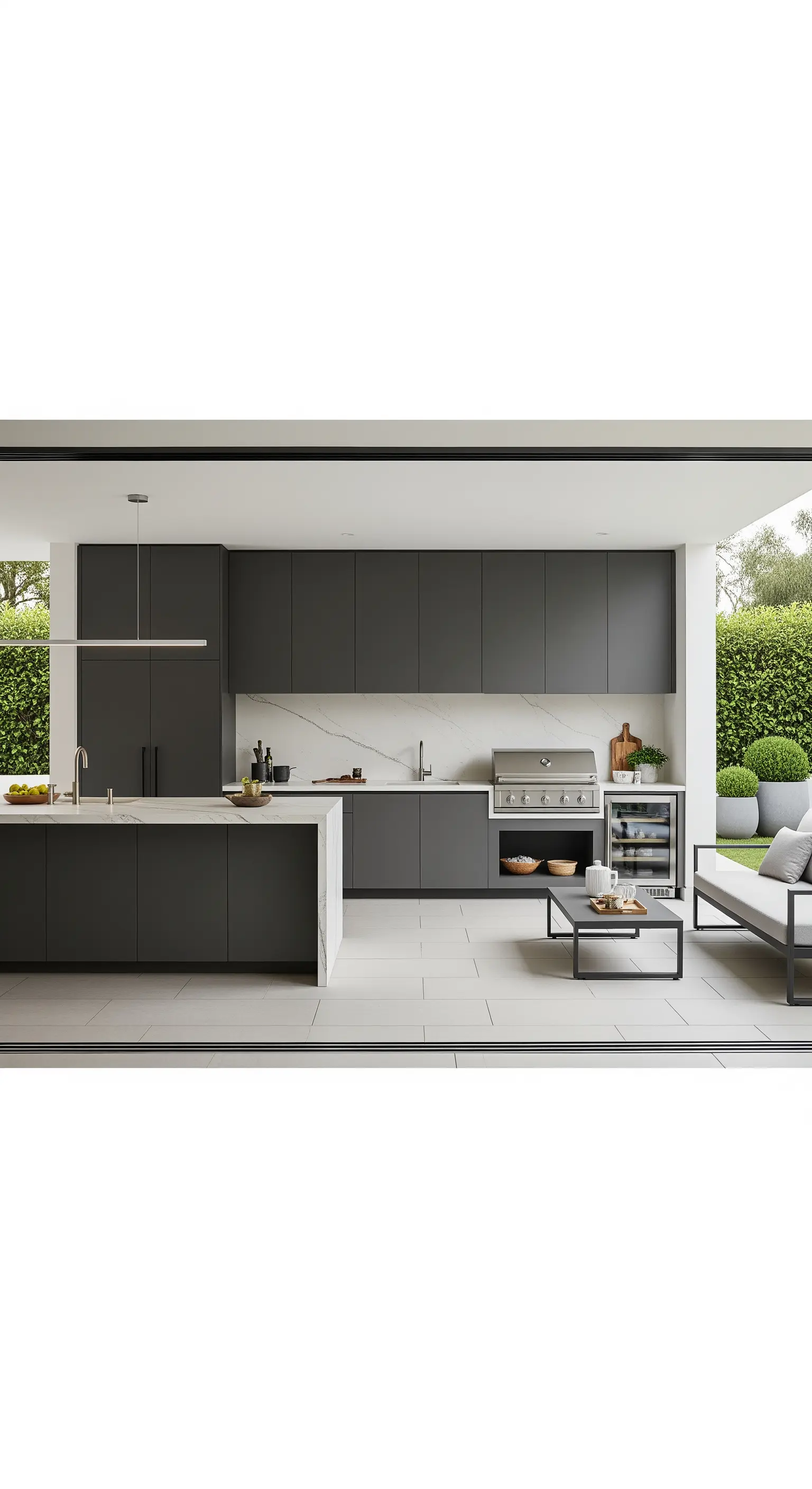 Dunkelgraue Innen- und Außenküche mit fließendem Übergang zur Terrasse