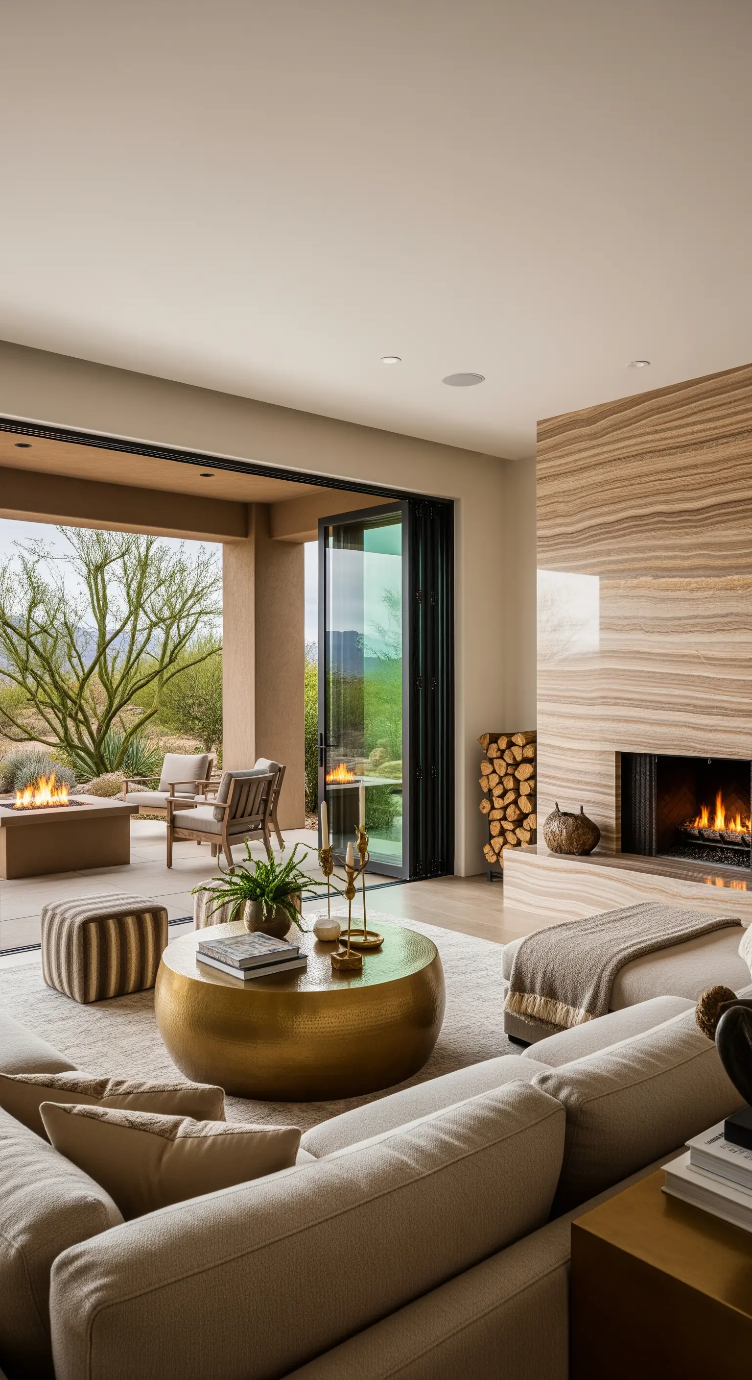 Wohnzimmer mit Travertin-Kamin und Glastüren, die zur Terrasse führen.