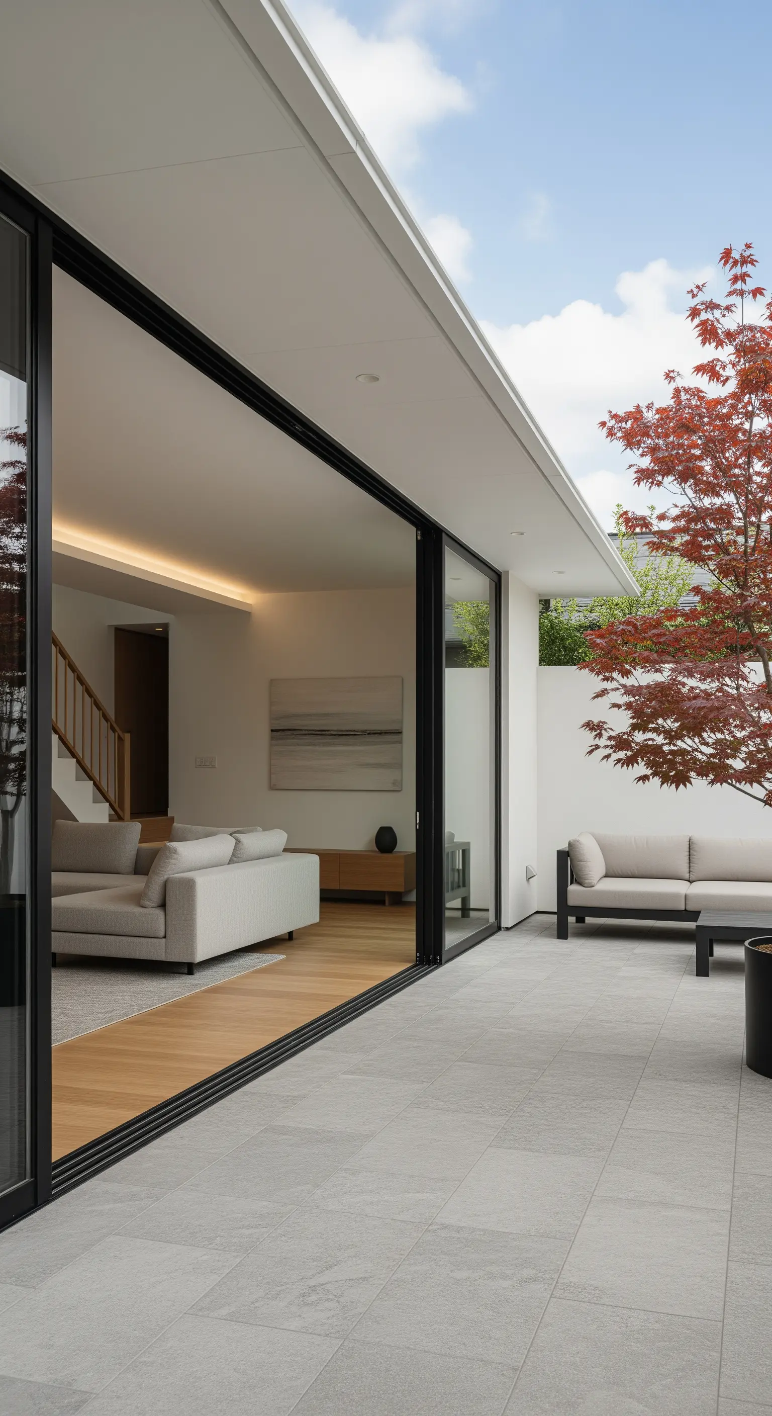 Offener Übergang von einem Japandi-Wohnzimmer zu einer Terrasse mit Fächerahorn