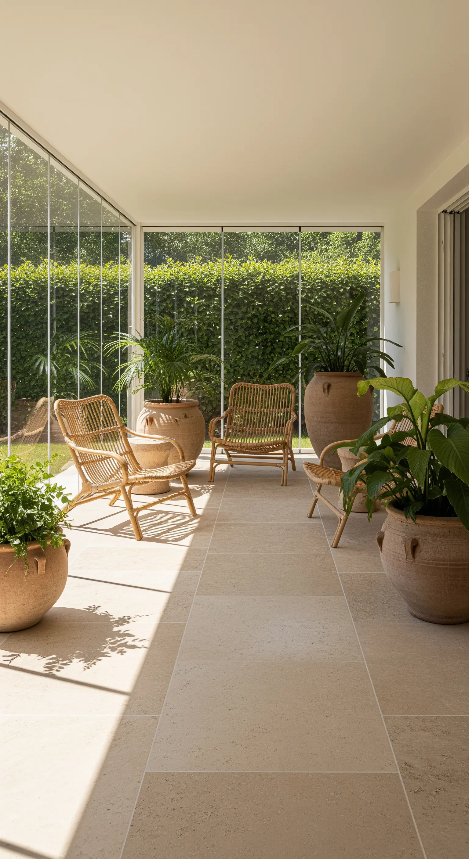 Heller Wintergarten mit sandfarbenen Steinplatten, Rattan-Sesseln und großen Terrakotta-Pflanztöpfen