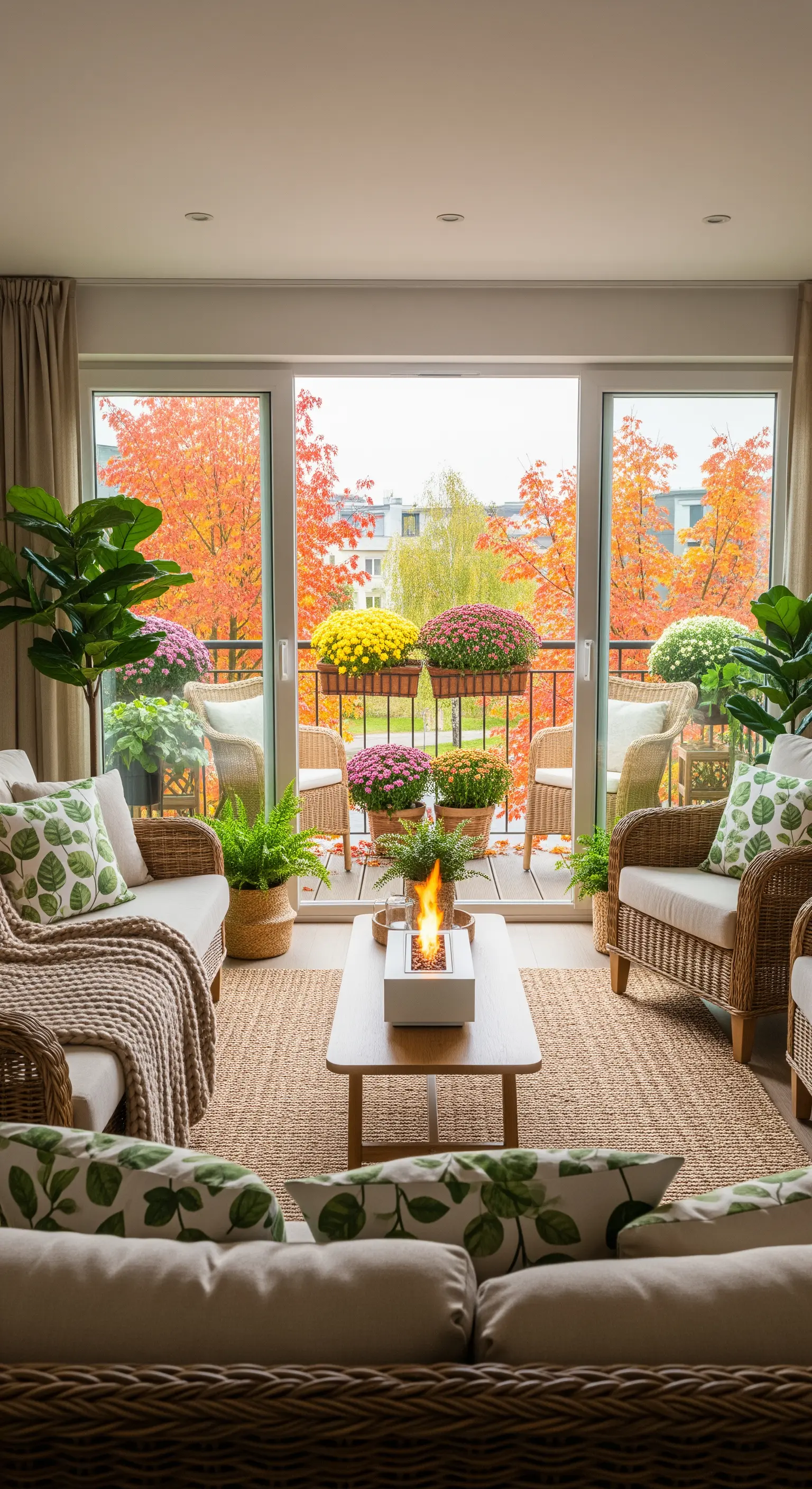 Wohnzimmer mit Balkon, Weidenmöbeln und Herbstblumen.