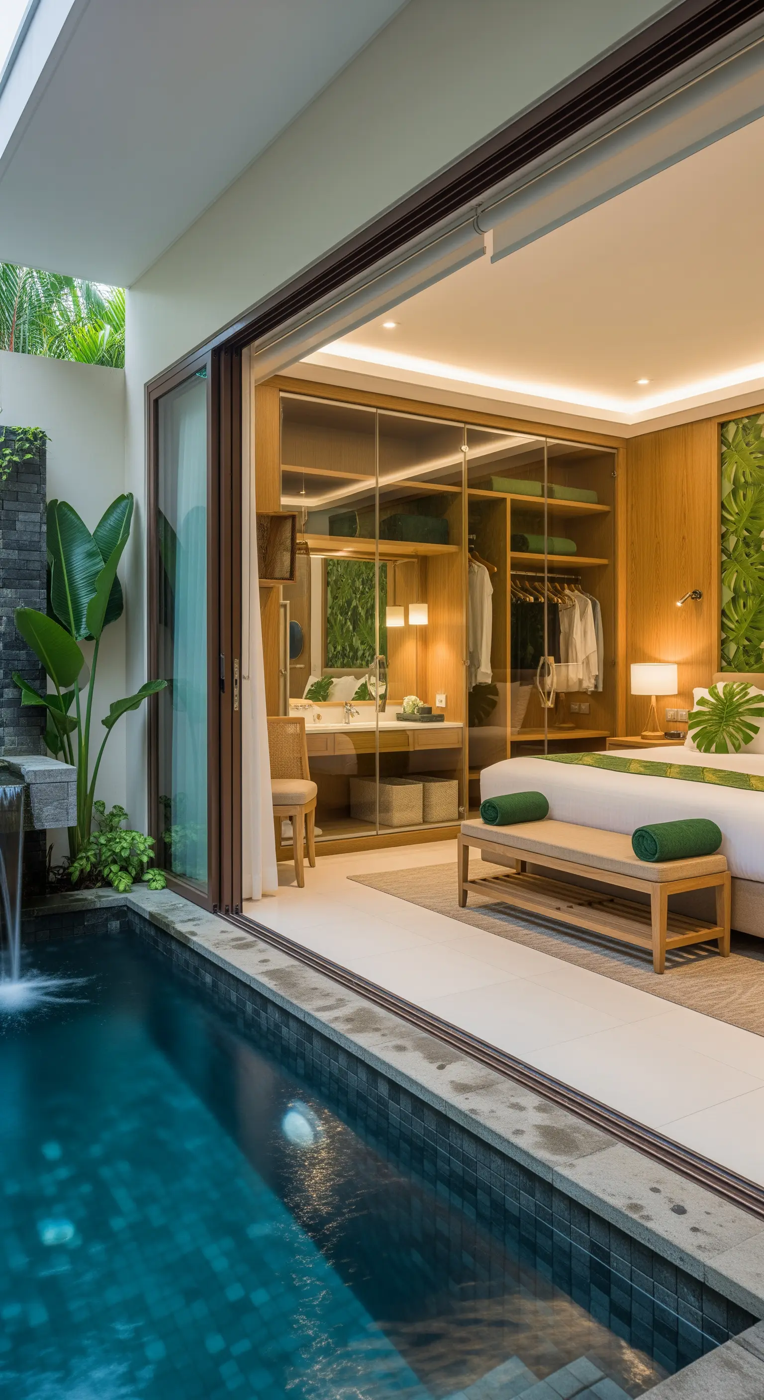 Luxuriöses Schlafzimmer mit Glas-Schiebetüren, die direkt zu einem privaten Pool führen.